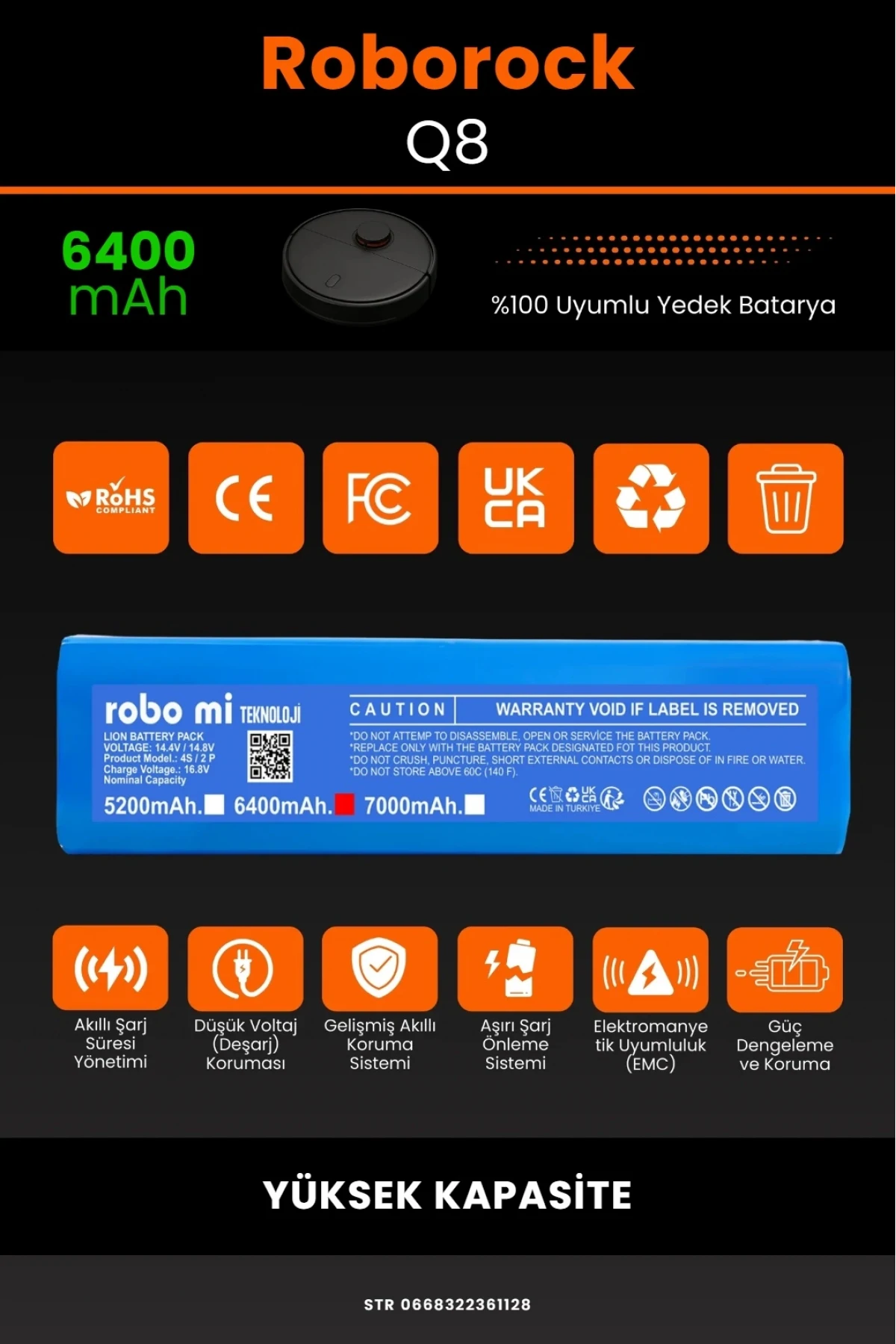 Roborock Q8 6400mAh Robot Süpürge Bataryası - Yüksek Kapasite - Kutusuz Model