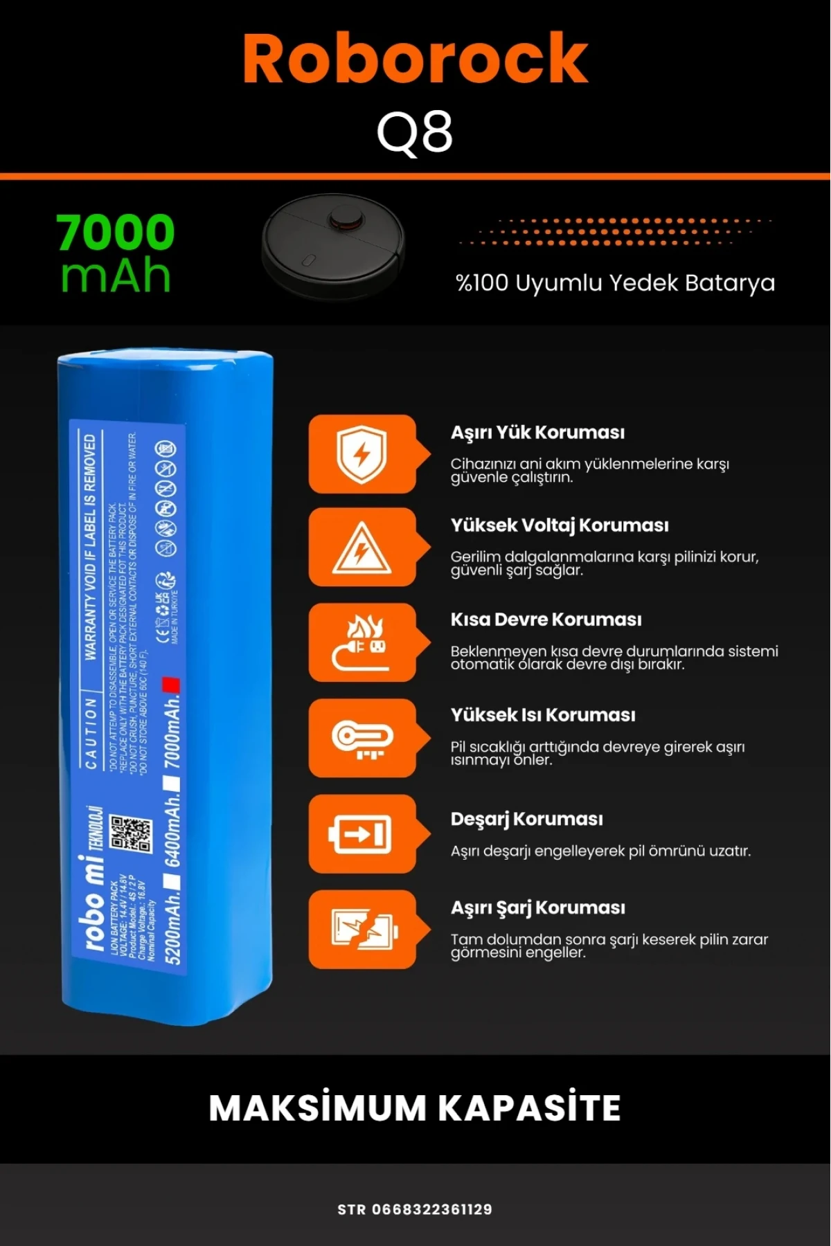 Roborock Q8 7000mAh Robot Süpürge Bataryası - Maksimum Kapasite - Kutusuz Model