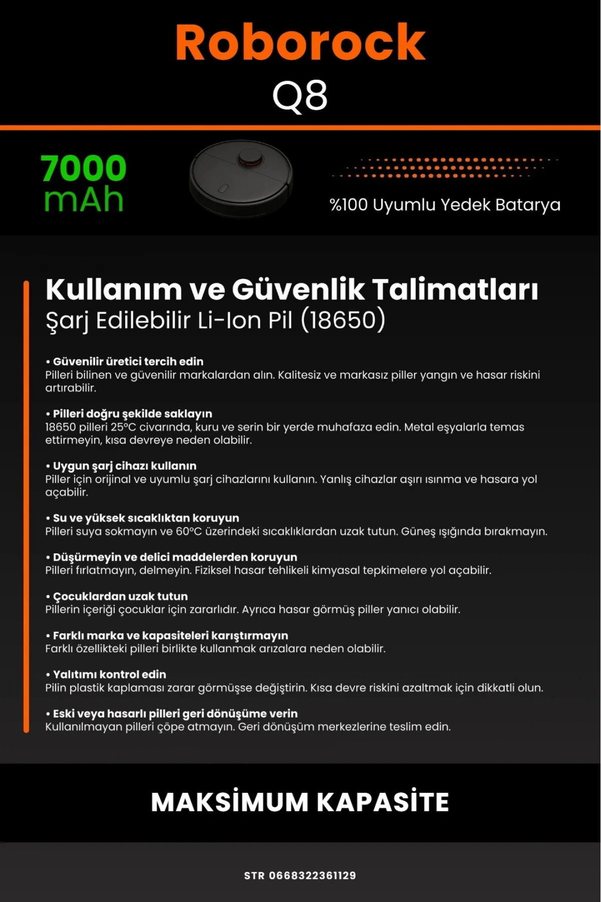 Roborock Q8 7000mAh Robot Süpürge Bataryası - Maksimum Kapasite - Kutusuz Model