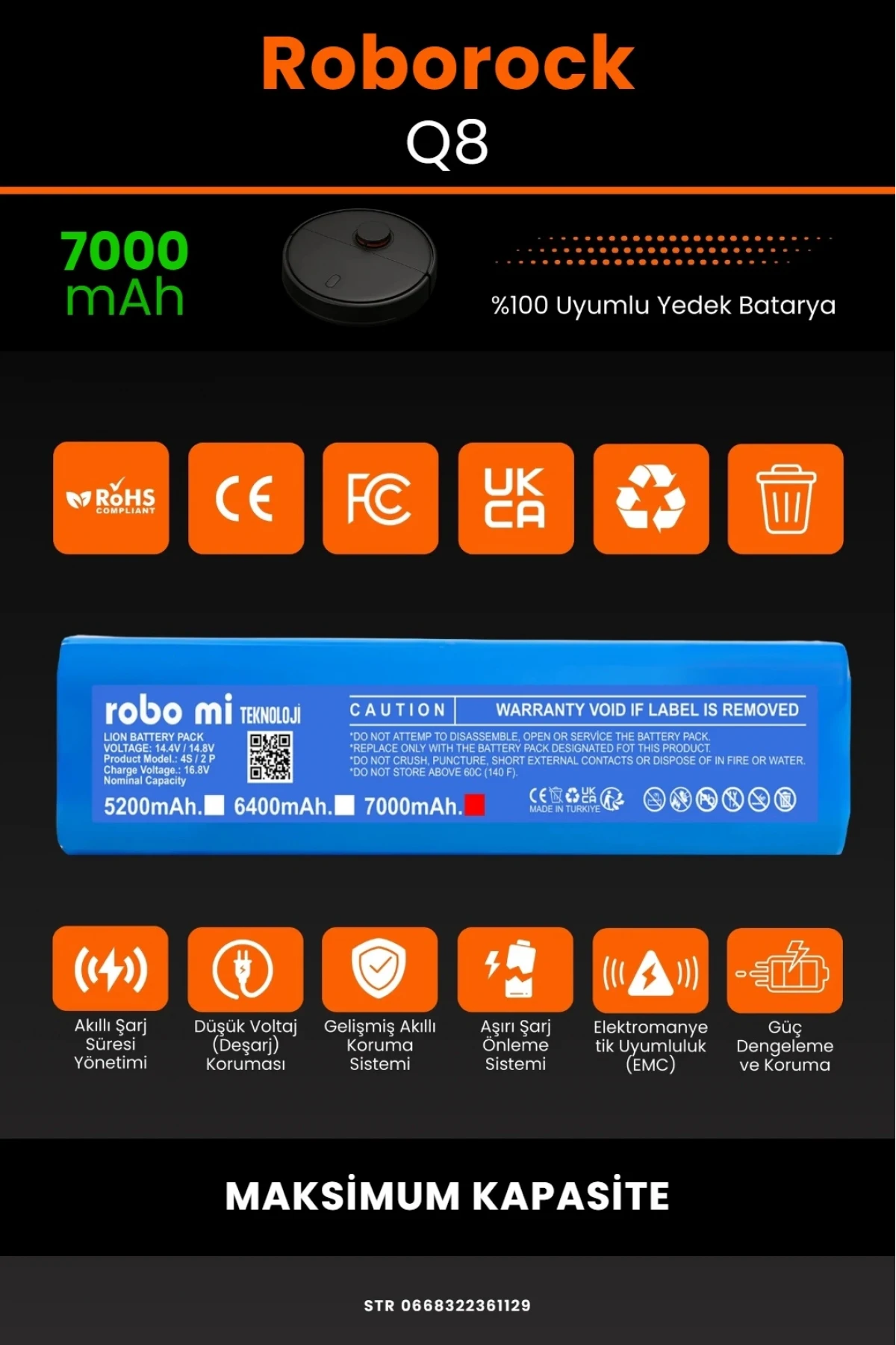 Roborock Q8 Max Pro Serisi 7000mAh Robot Süpürge Bataryası - Maksimum Kapasite - Kutusuz Model