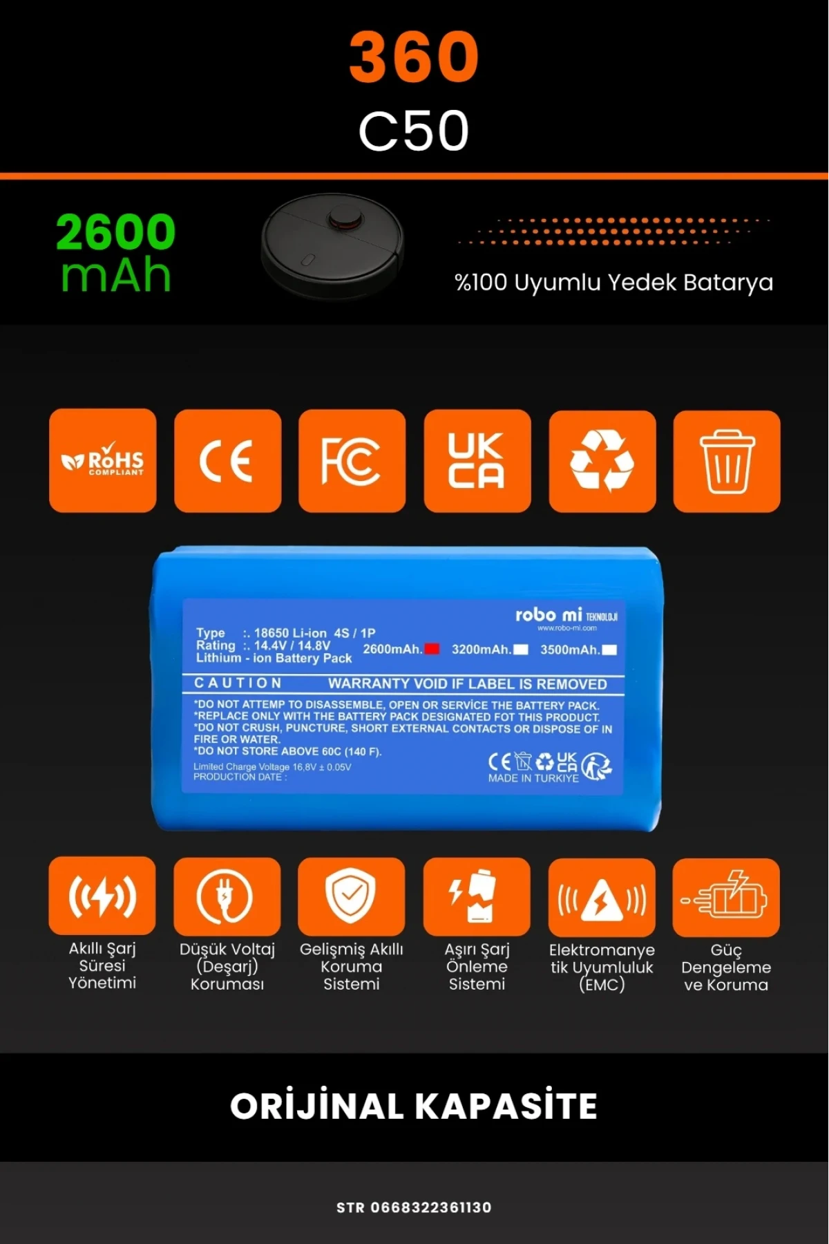 360 C50 Uyumlu 2600mAh Robot Süpürge Bataryası - Orijinal Kapasite