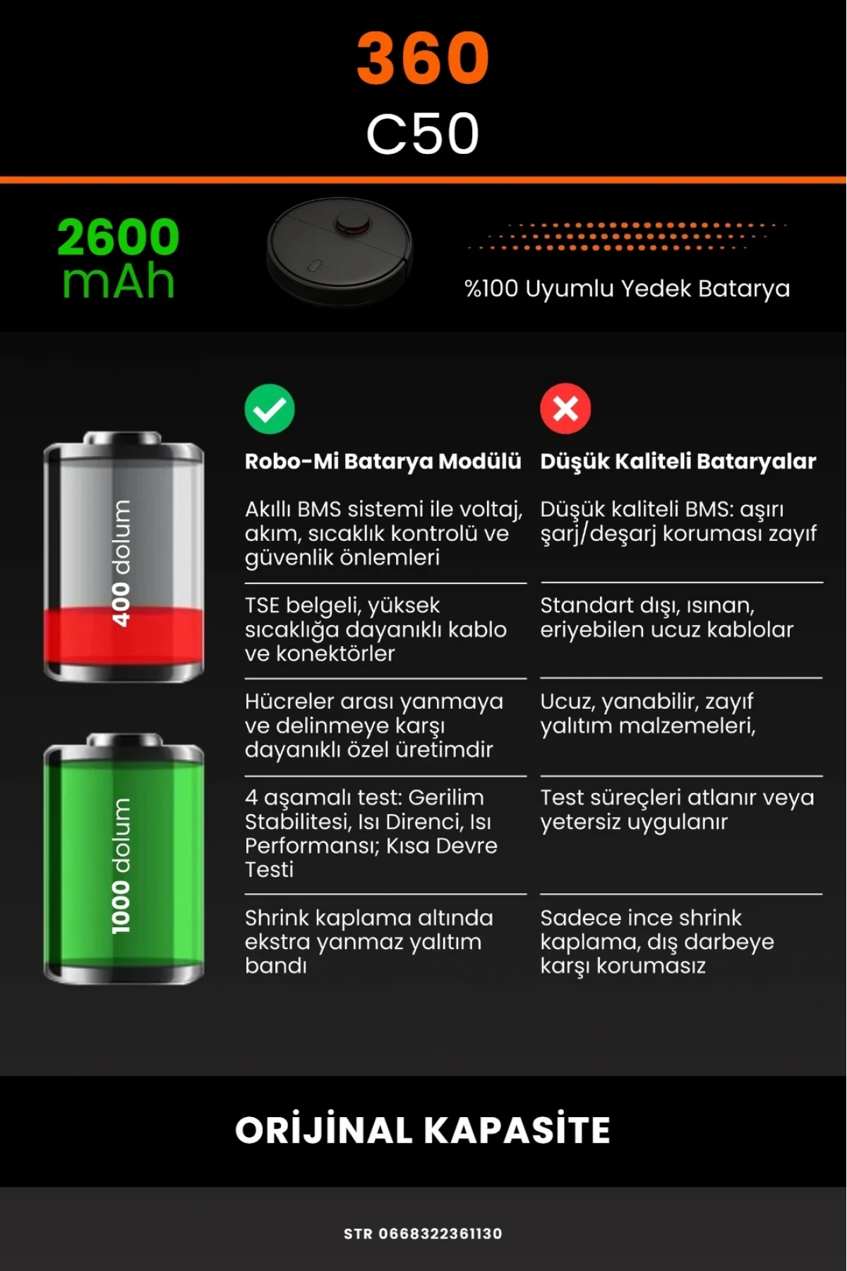 360 C50 Uyumlu 2600mAh Robot Süpürge Bataryası - Orijinal Kapasite