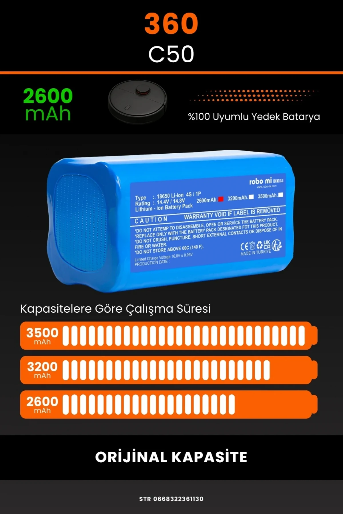 360 C50 Uyumlu 2600mAh Robot Süpürge Bataryası - Orijinal Kapasite