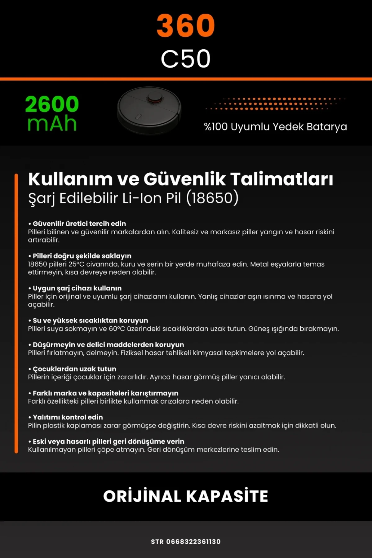360 C50 Uyumlu 2600mAh Robot Süpürge Bataryası - Orijinal Kapasite