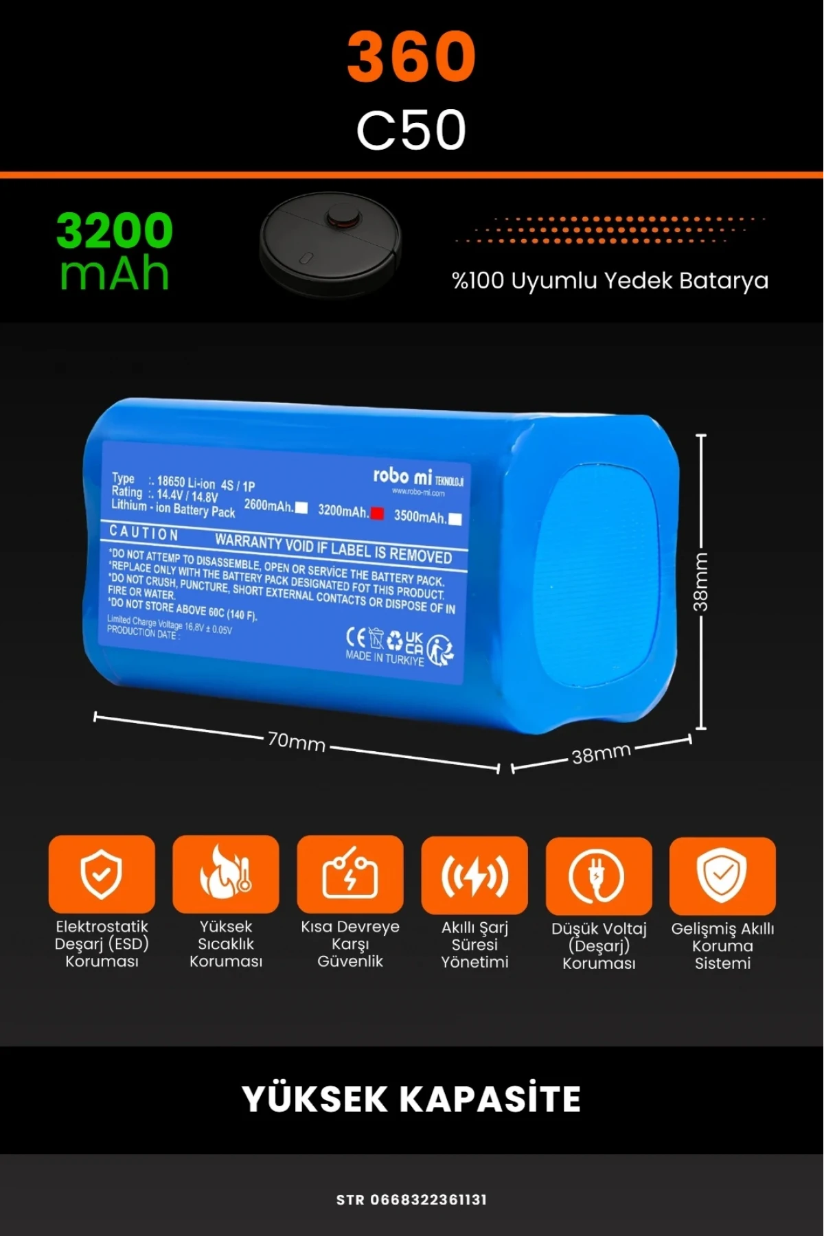 360 C50 Uyumlu 3200mAh Robot Süpürge Bataryası - Yüksek Kapasite