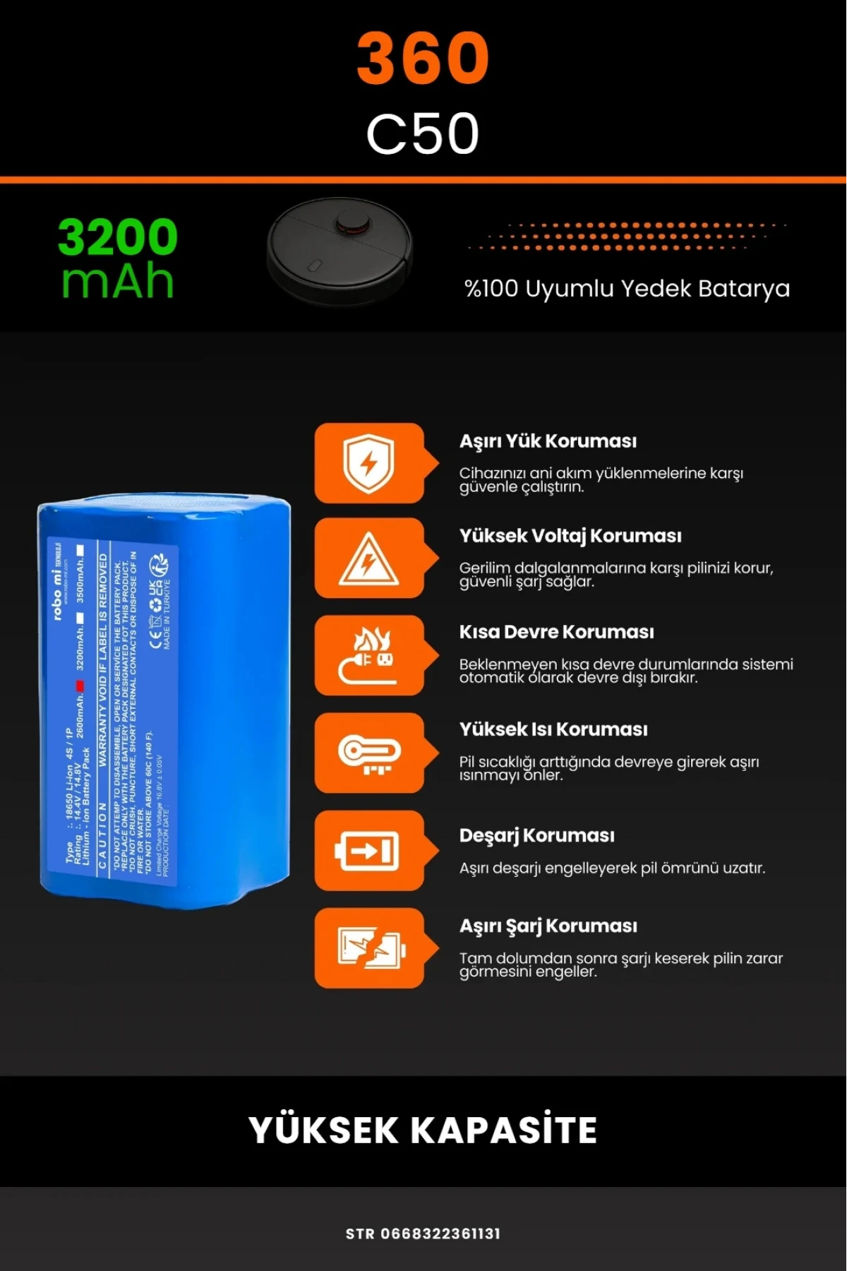 360 C50 Uyumlu 3200mAh Robot Süpürge Bataryası - Yüksek Kapasite