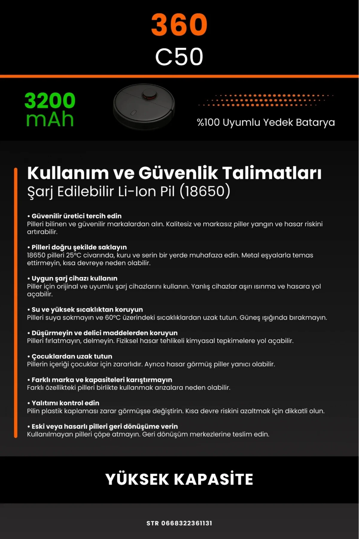 360 C50 Uyumlu 3200mAh Robot Süpürge Bataryası - Yüksek Kapasite