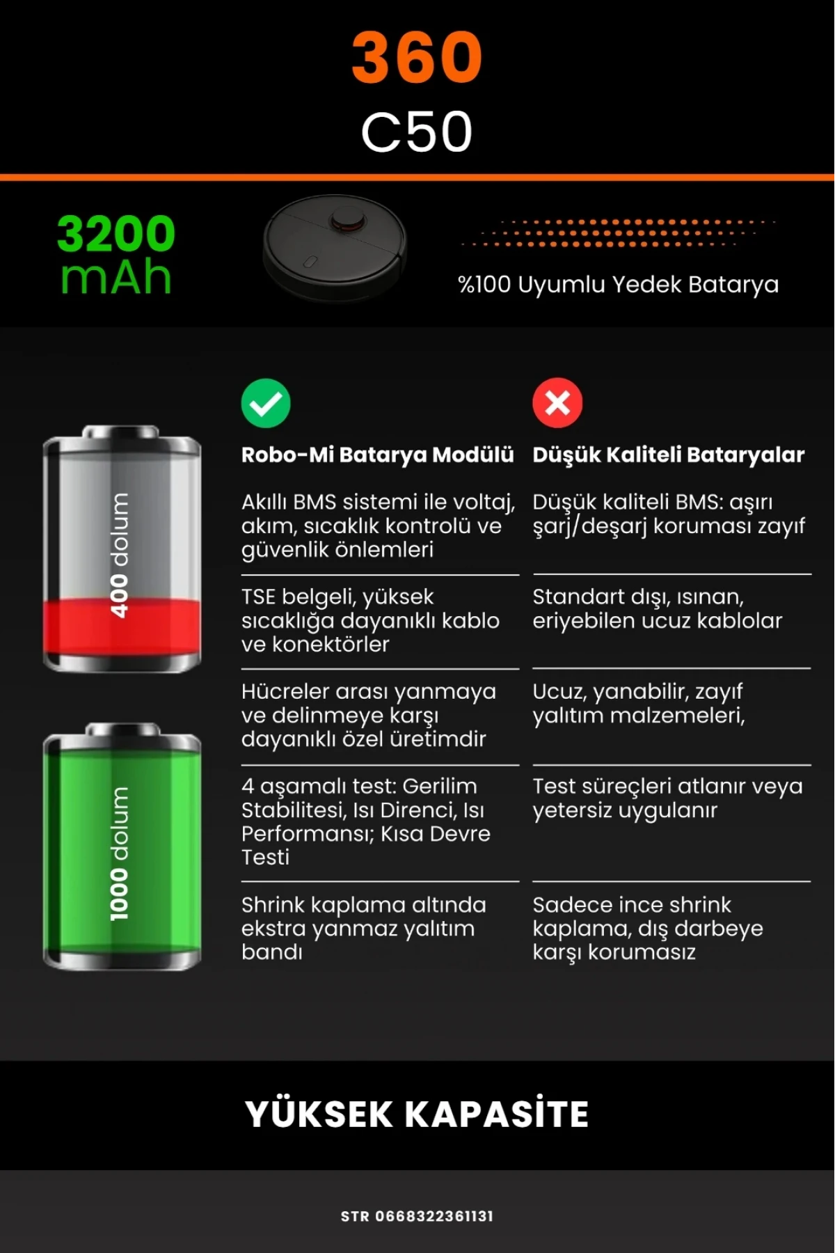 360 C50 Uyumlu 3200mAh Robot Süpürge Bataryası - Yüksek Kapasite