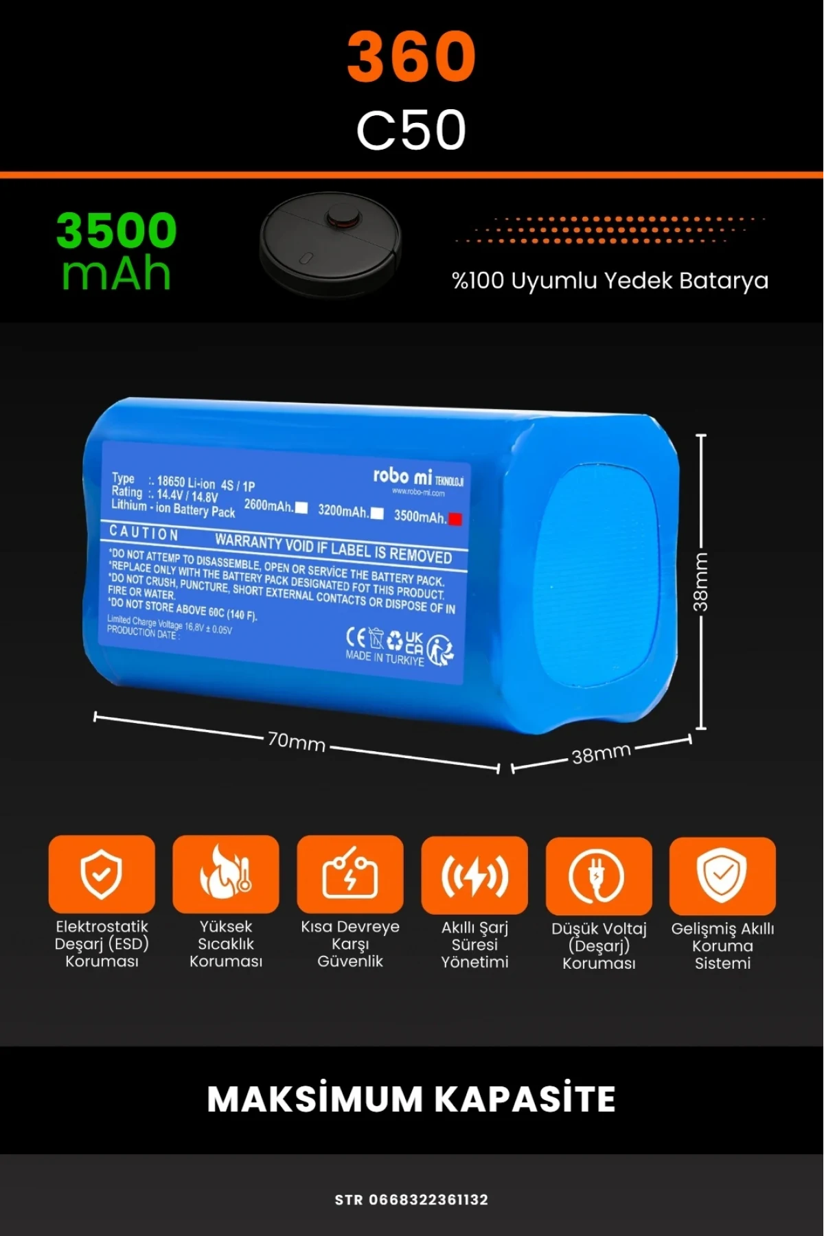 360 C50 Uyumlu 3500mAh Robot Süpürge Bataryası - Maksimum Kapasite