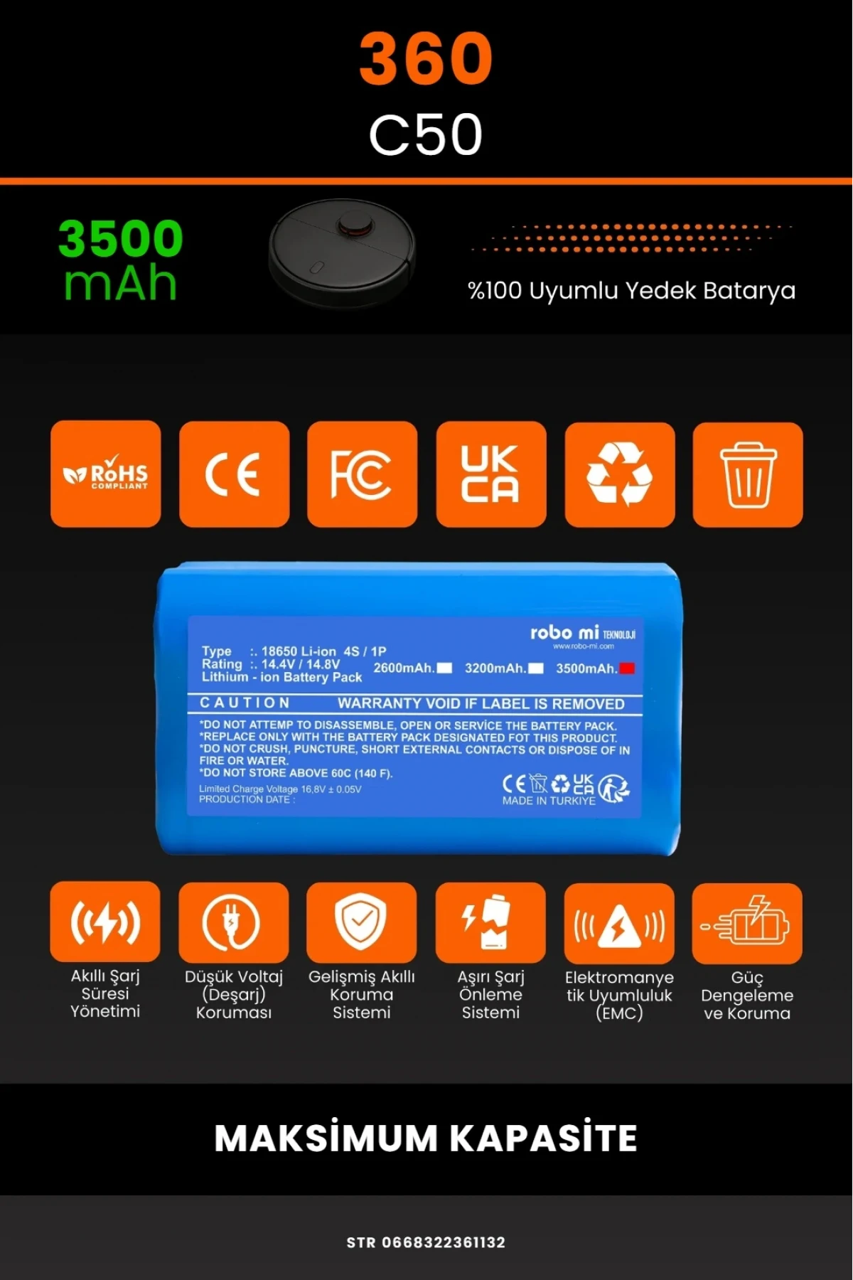 360 C50 Uyumlu 3500mAh Robot Süpürge Bataryası - Maksimum Kapasite