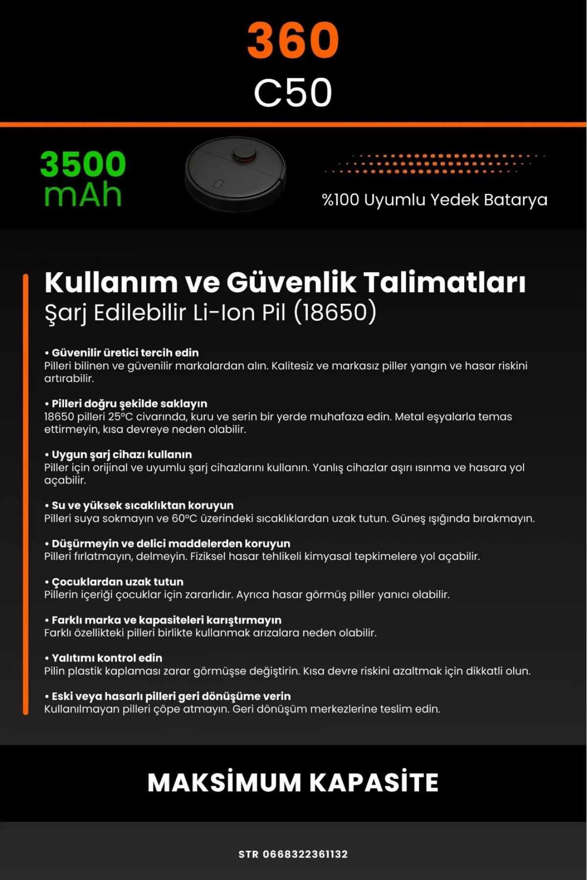 360 C50 Uyumlu 3500mAh Robot Süpürge Bataryası - Maksimum Kapasite