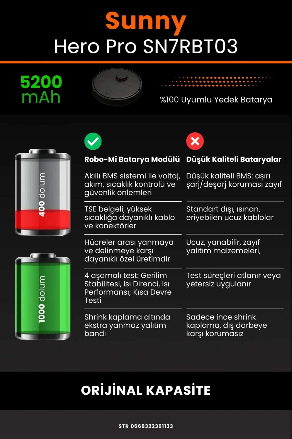 Sunny Hero Pro SN7RBT03 Uyumlu 5200mAh Robot Süpürge Bataryası - Orijinal Kapasite