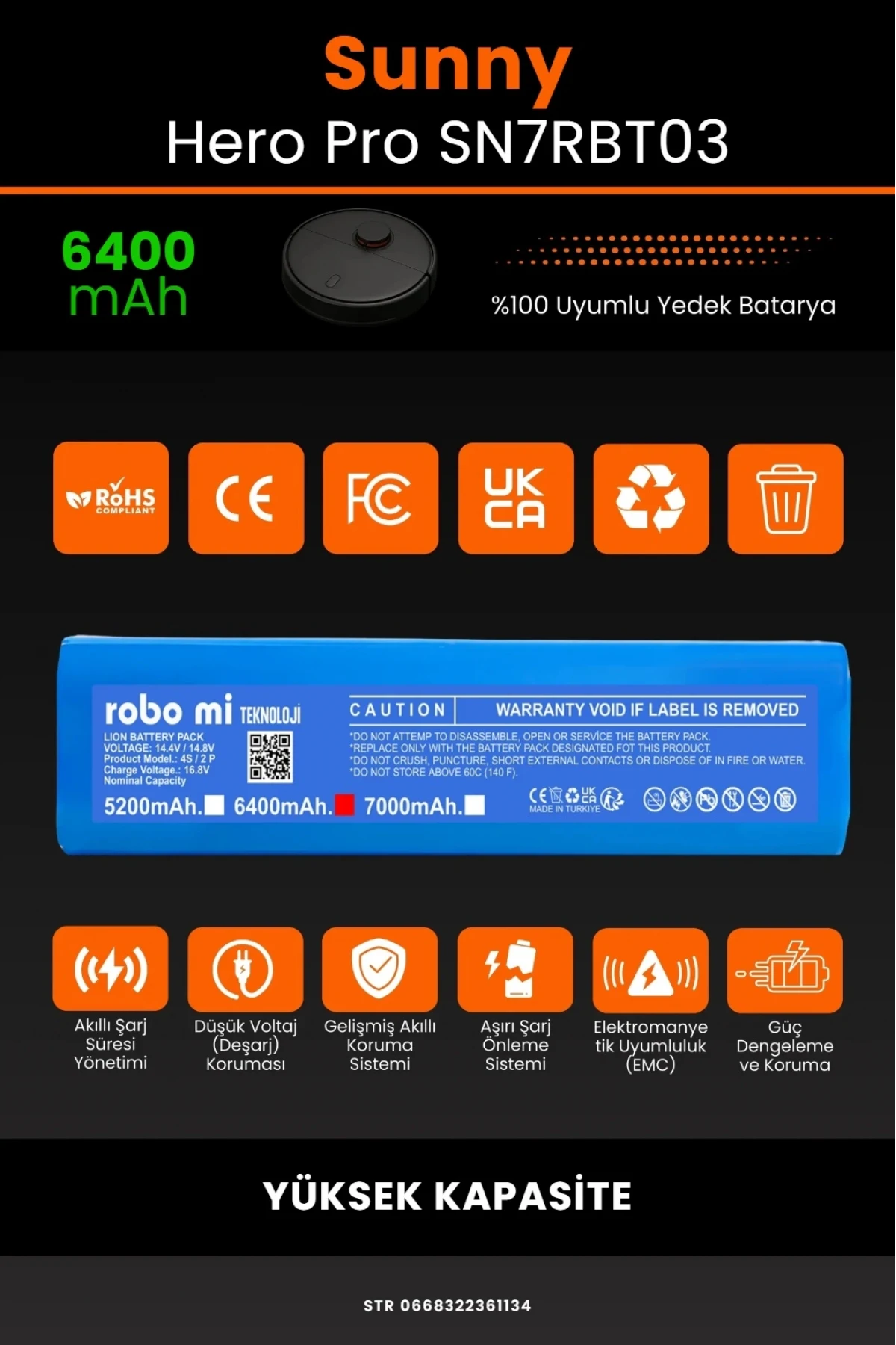 Sunny Hero Pro SN7RBT03 Uyumlu 6400mAh Robot Süpürge Bataryası - Yüksek Kapasite