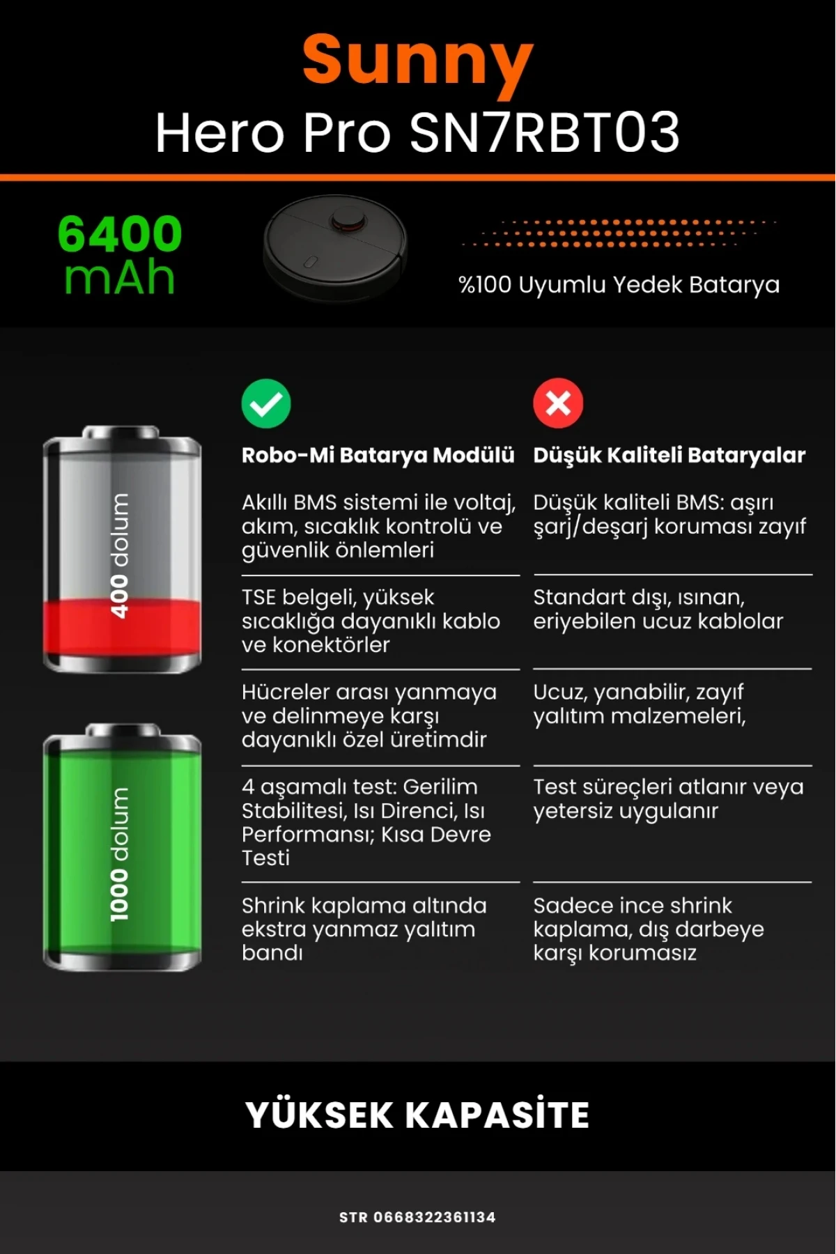 Sunny Hero Pro SN7RBT03 Uyumlu 6400mAh Robot Süpürge Bataryası - Yüksek Kapasite