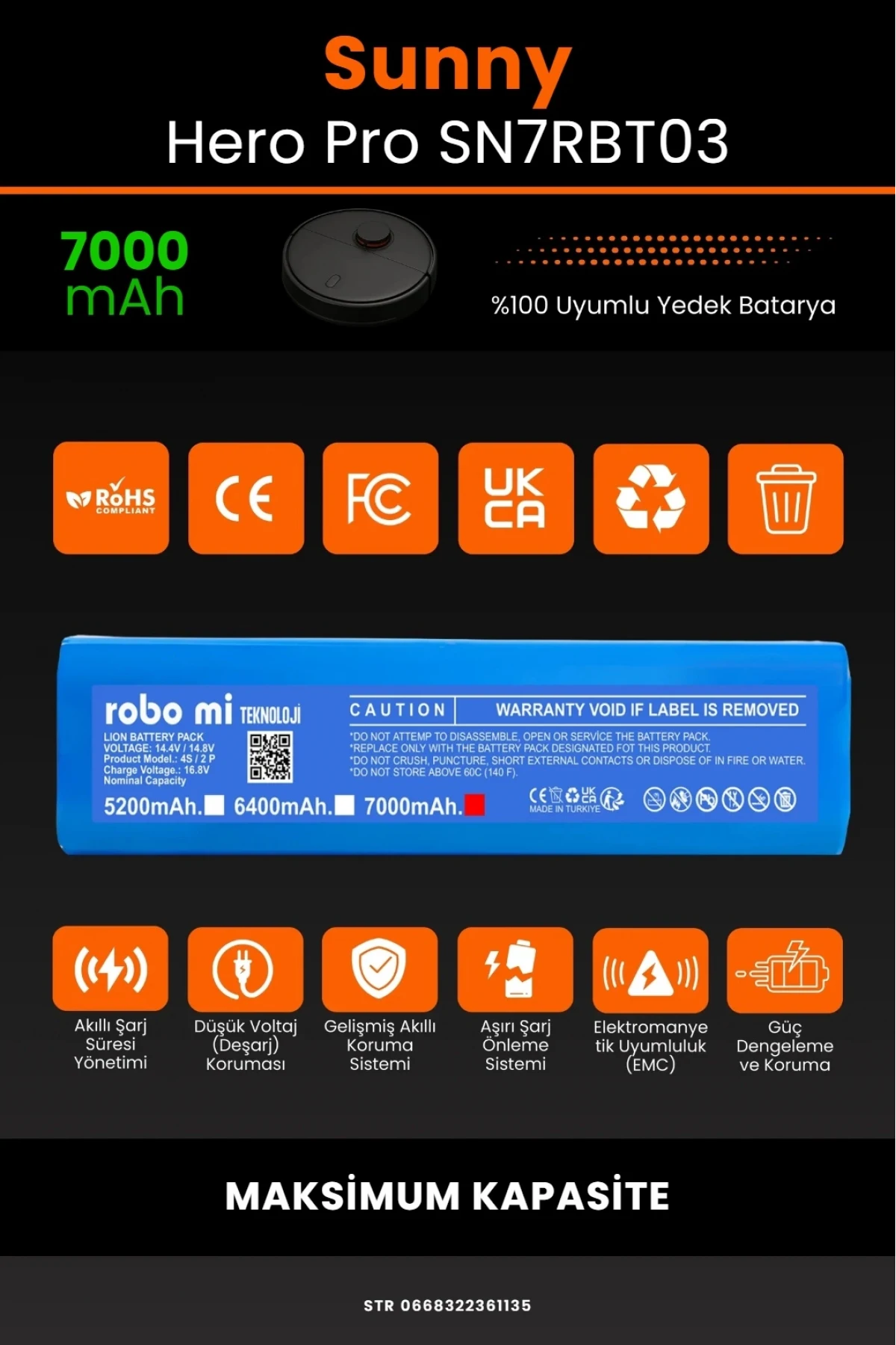 Sunny Hero Pro SN7RBT03 Uyumlu 7000mAh Robot Süpürge Bataryası - Yüksek Kapasite