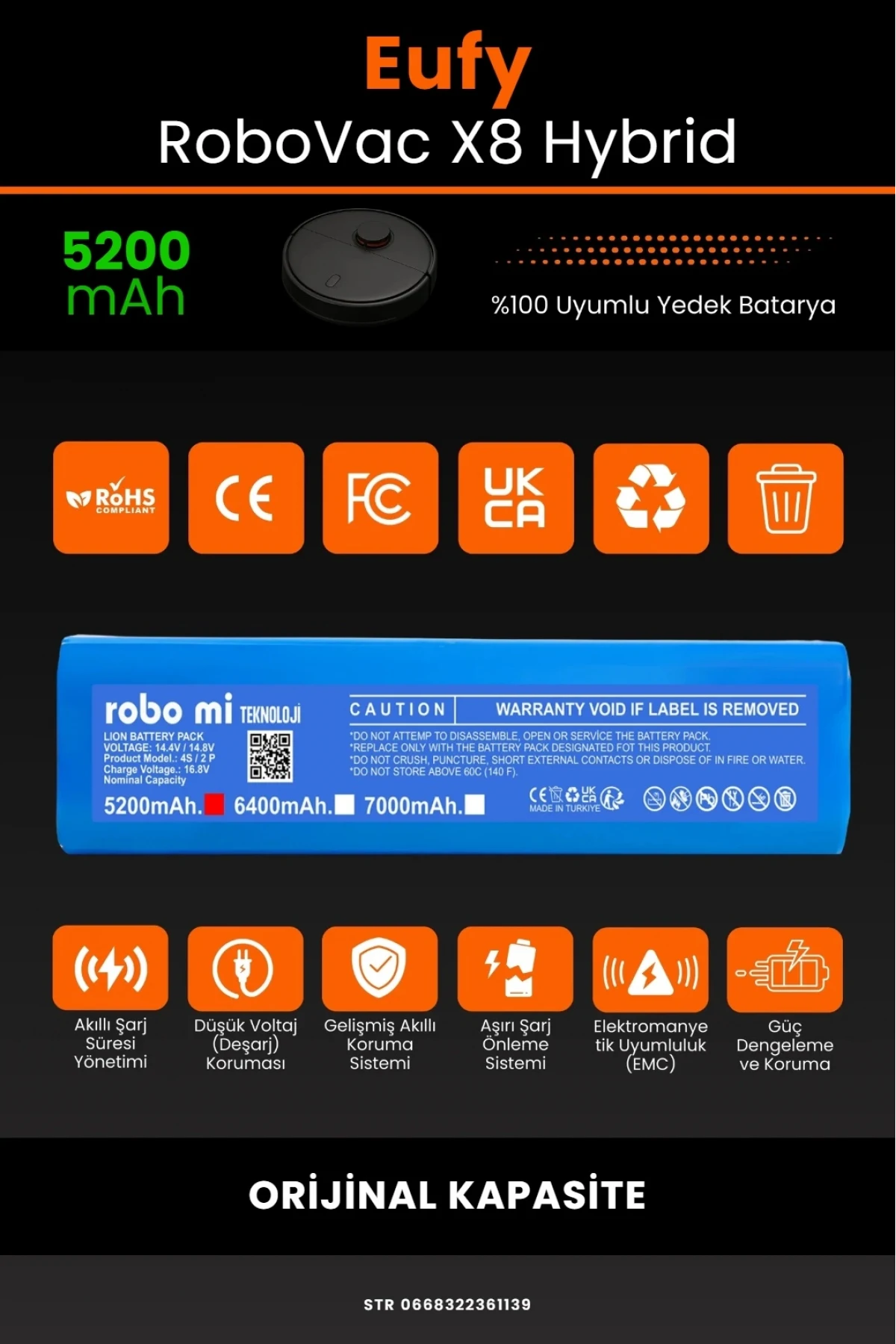 Eufy RoboVac X8 Hybrid Uyumlu 5200mAh Robot Süpürge Bataryası - Orijinal Kapasite