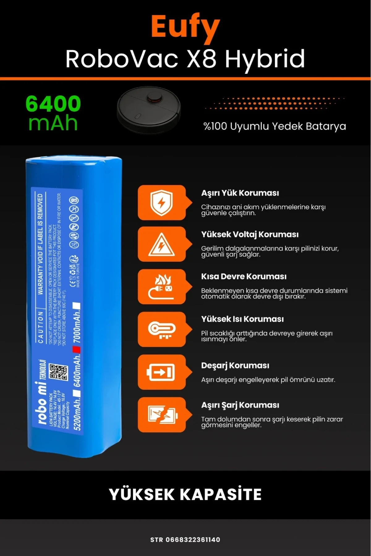 Eufy Robovac X8 Hybrid Uyumlu 6400mAh Robot Süpürge Bataryası - Yüksek Kapasite