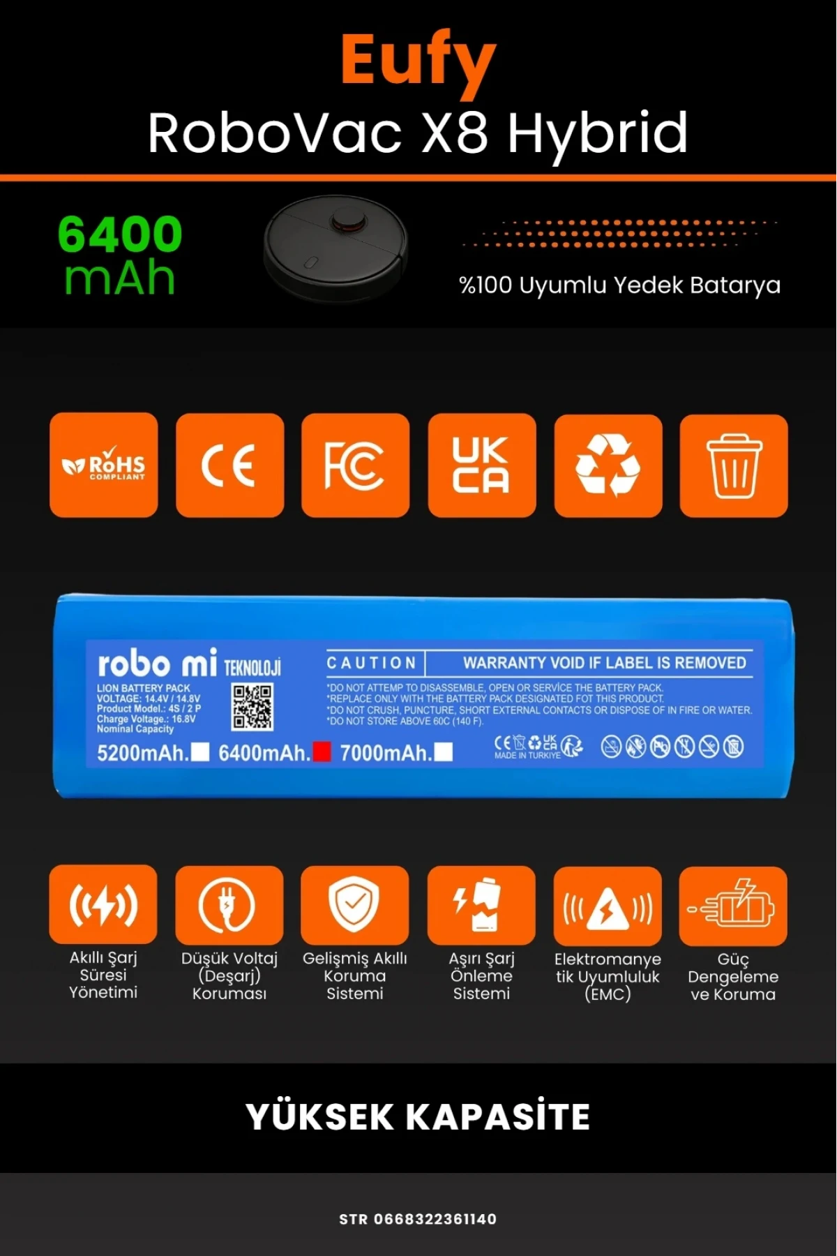 Eufy Robovac X8 Hybrid Uyumlu 6400mAh Robot Süpürge Bataryası - Yüksek Kapasite