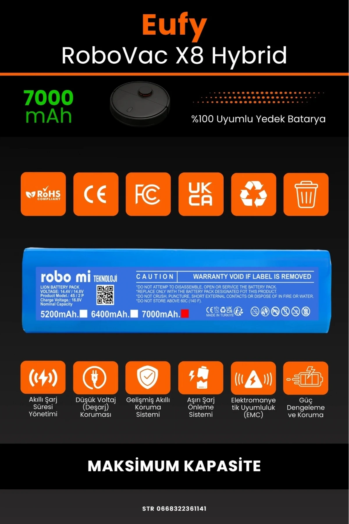 Eufy Robovac X8 Hybrid Uyumlu 7000mAh Robot Süpürge Bataryası - Maksimum Kapasite