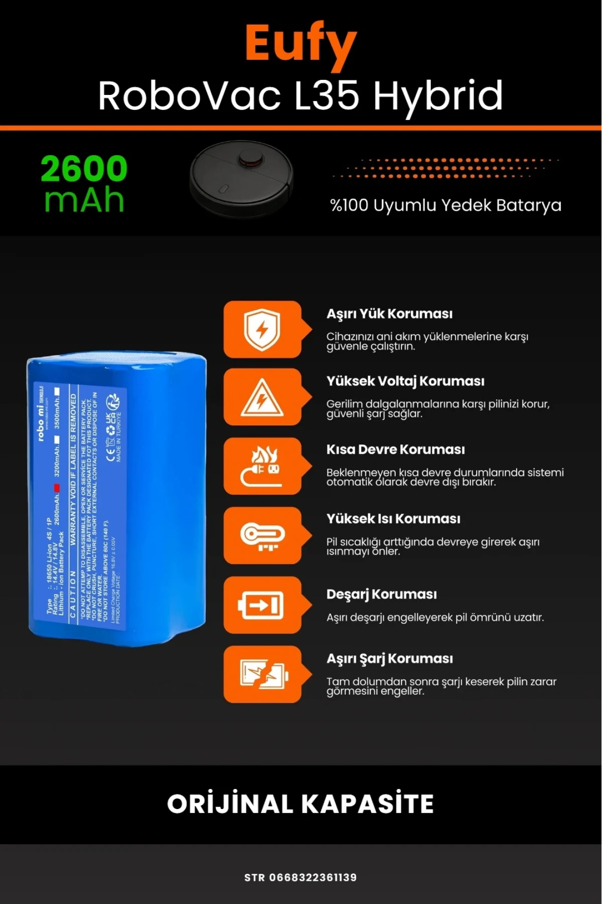 Eufy RoboVac L35 Hybrid Uyumlu 2600mAh, Robot Süpürge Bataryası - Orijinal Kapasite