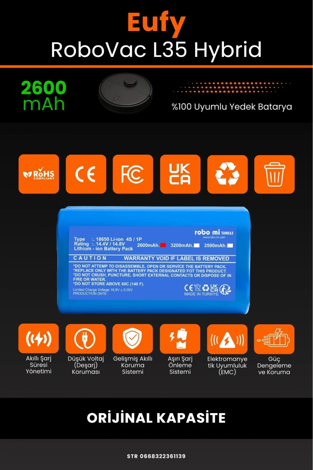 Eufy RoboVac L35 Hybrid Uyumlu 2600mAh, Robot Süpürge Bataryası - Orijinal Kapasite