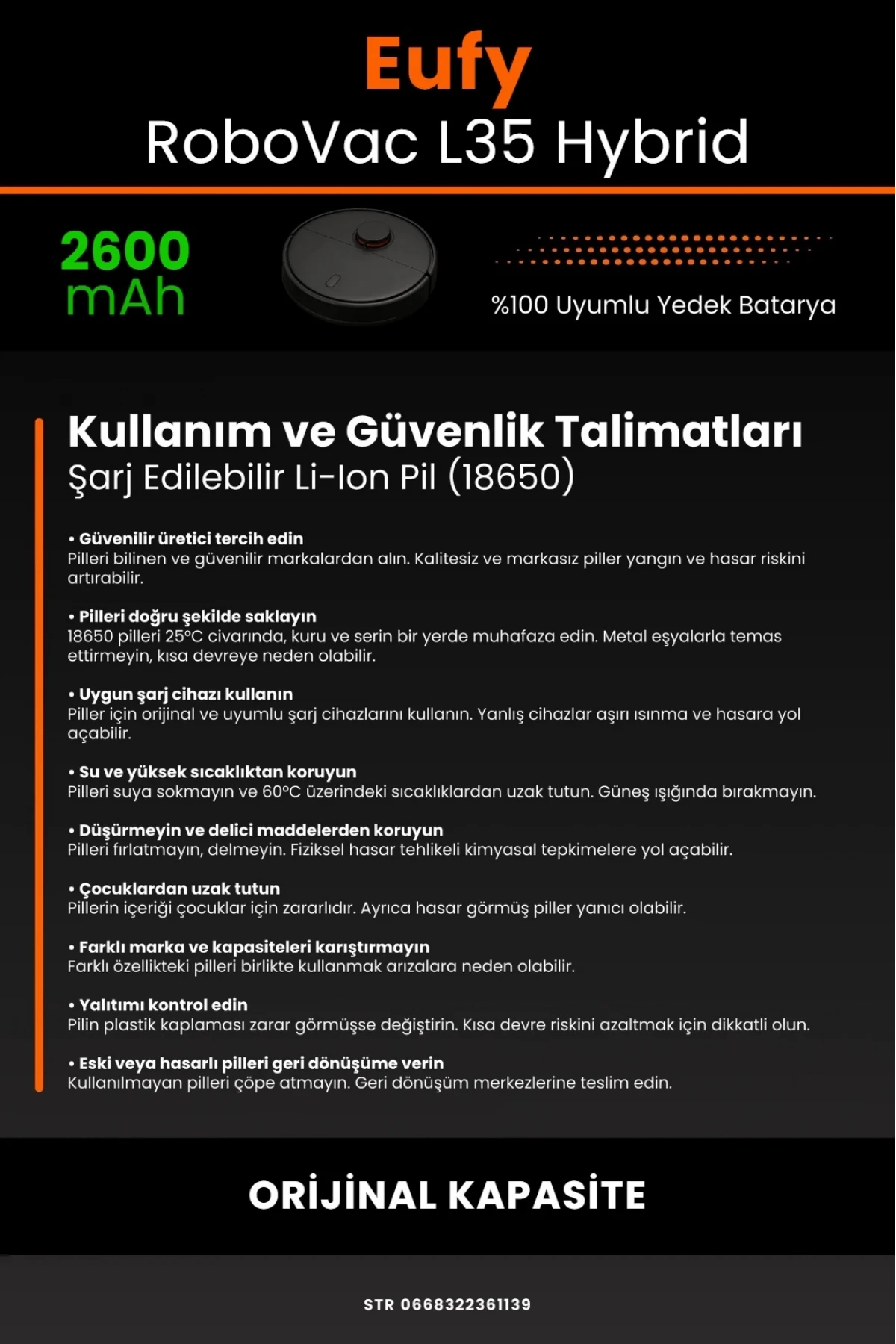 Eufy RoboVac L35 Hybrid Uyumlu 2600mAh, Robot Süpürge Bataryası - Orijinal Kapasite