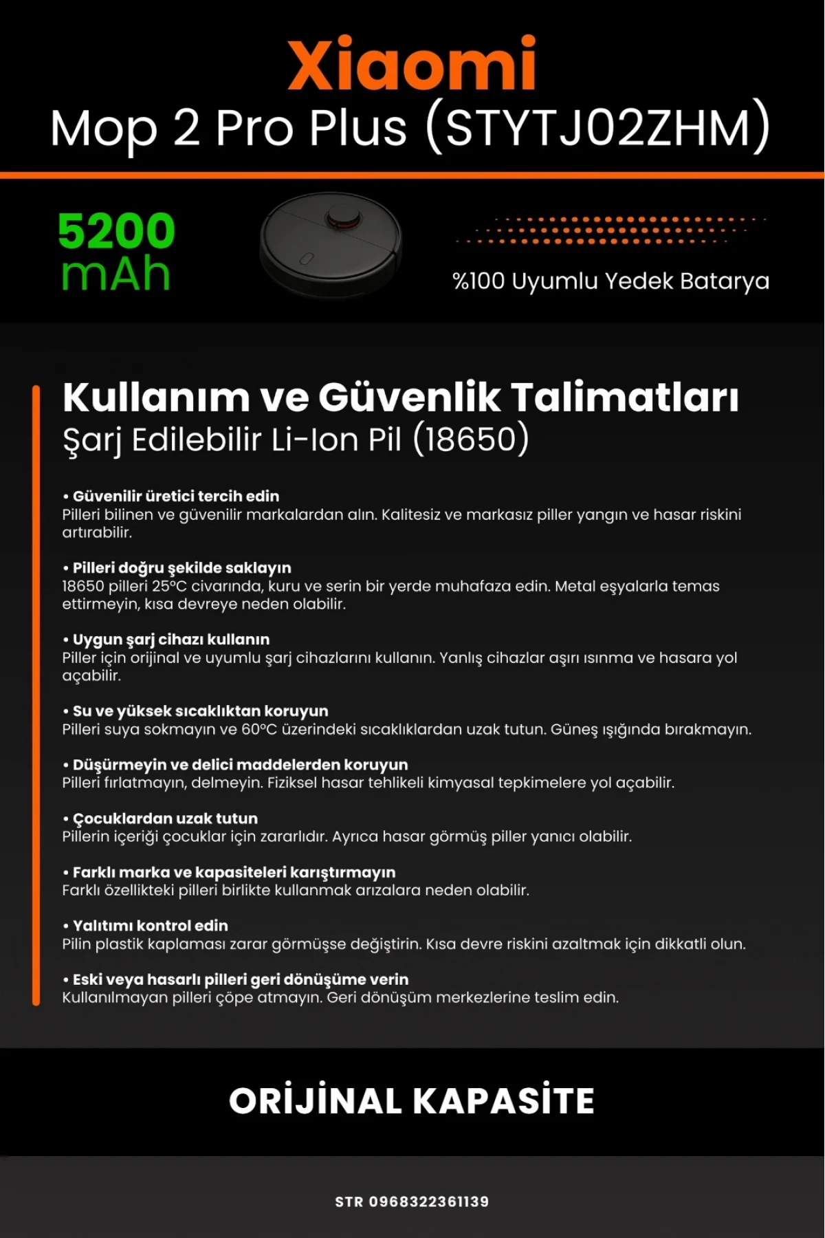 Xiaomi Mi Robot Vacuum Mop 2 Pro Plus (STYTJ02ZHM) Uyumlu 5200mAh Robot Süpürge Bataryası - Orijinal Kapasite