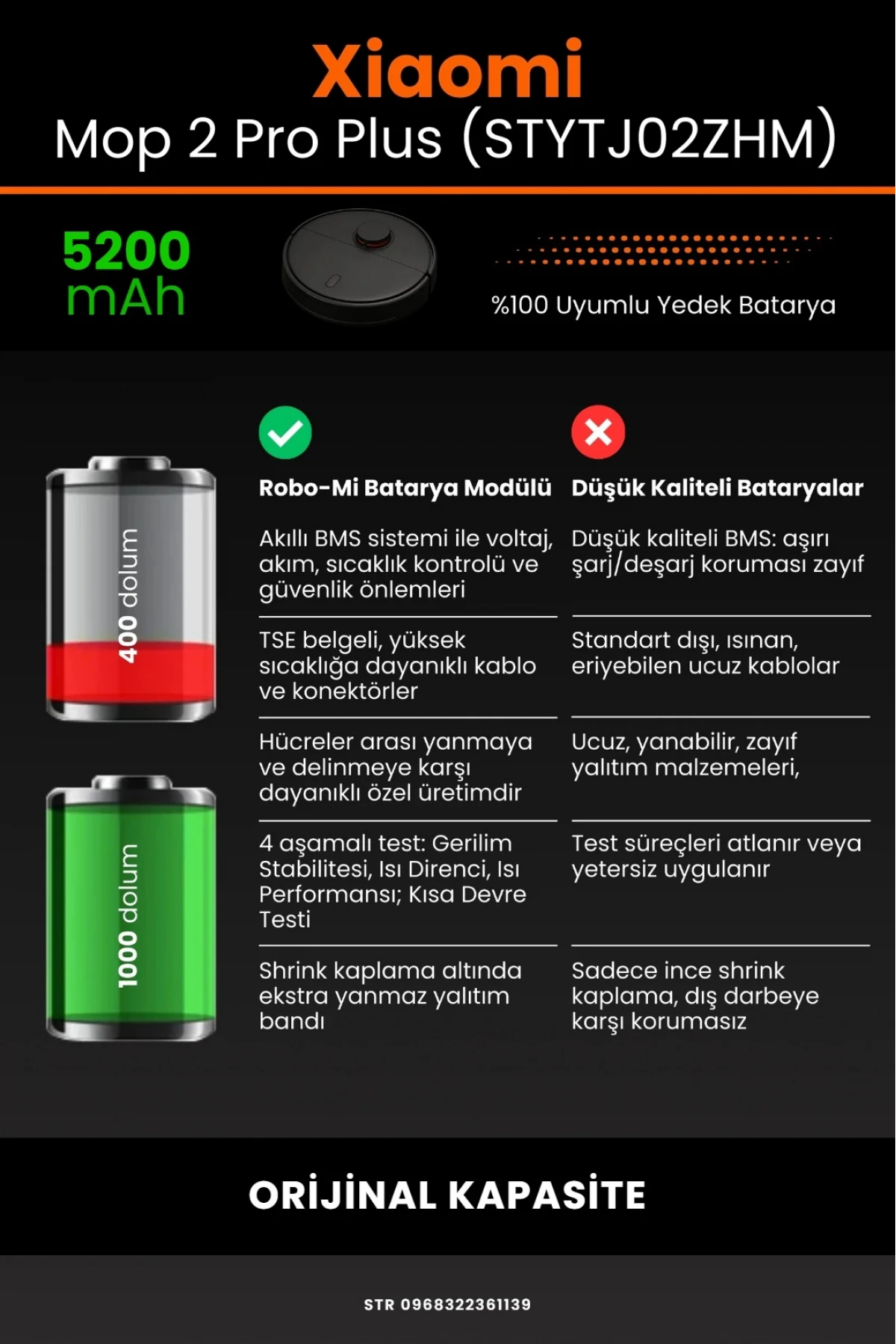 Xiaomi Mi Robot Vacuum Mop 2 Pro Plus (STYTJ02ZHM) Uyumlu 5200mAh Robot Süpürge Bataryası - Orijinal Kapasite