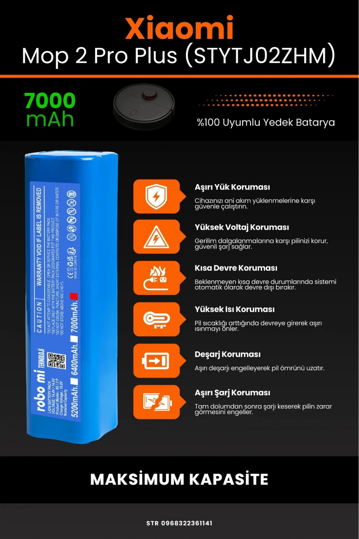 Xiaomi Mi Robot Vacuum Mop 2 Pro Plus (STYTJ02ZHM) Uyumlu 7000mAh Robot Süpürge Bataryası - Maksimum Kapasite