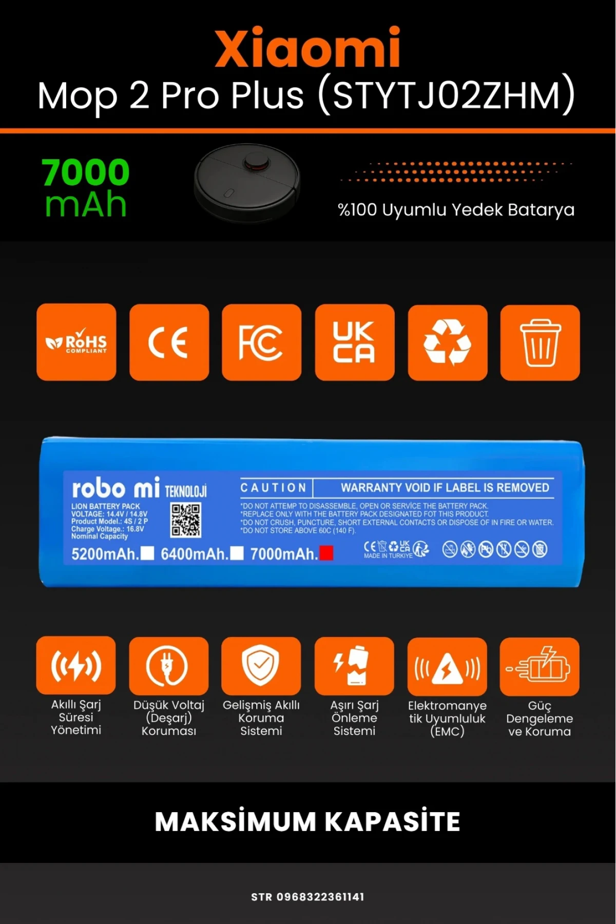 Xiaomi Mi Robot Vacuum Mop 2 Pro Plus (STYTJ02ZHM) Uyumlu 7000mAh Robot Süpürge Bataryası - Maksimum Kapasite
