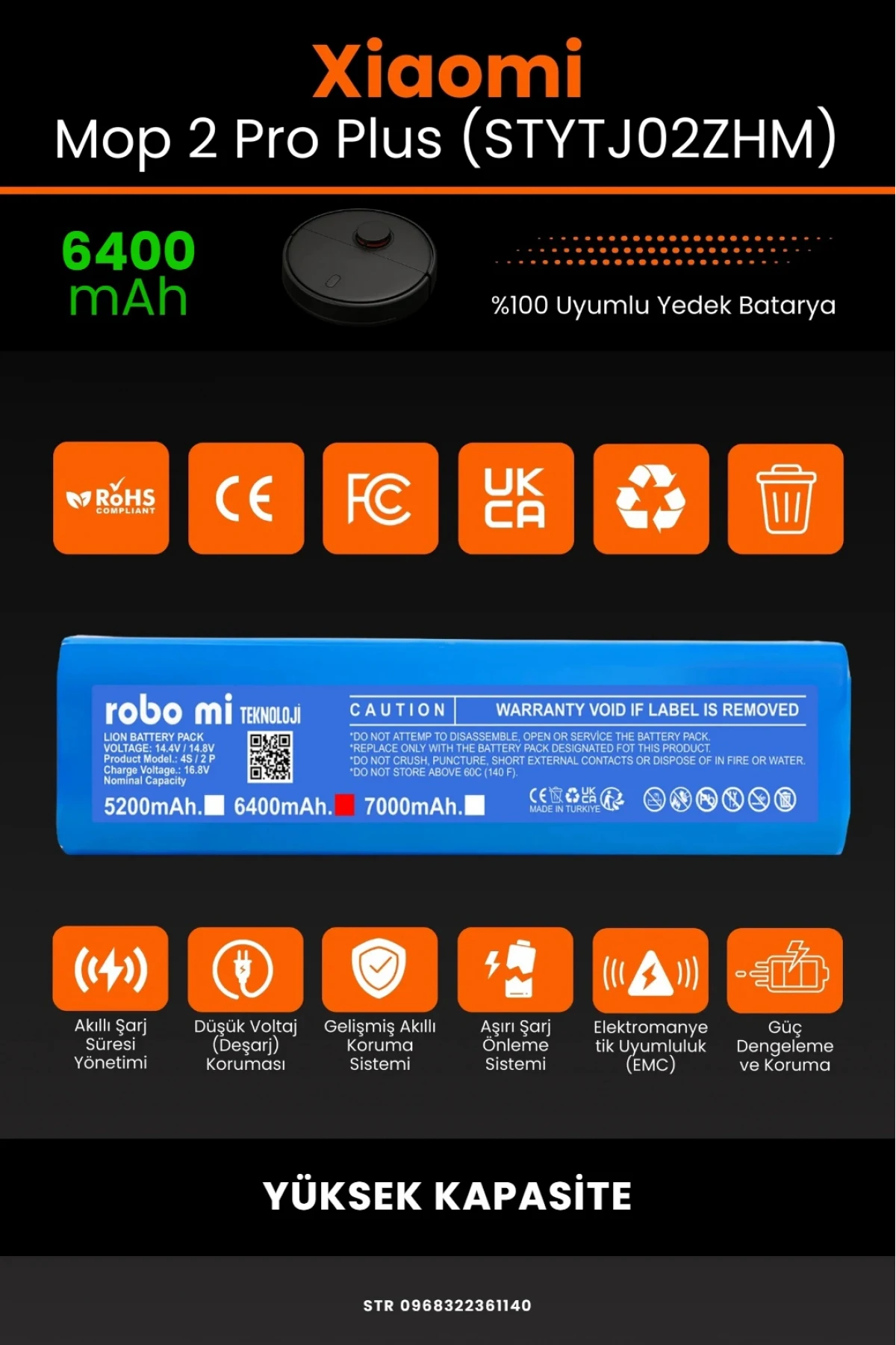 Xiaomi Mi Robot Vacuum Mop 2 Pro Plus (STYTJ02ZHM) Uyumlu 6400mAh Robot Süpürge Bataryası - Yüksek Kapasite
