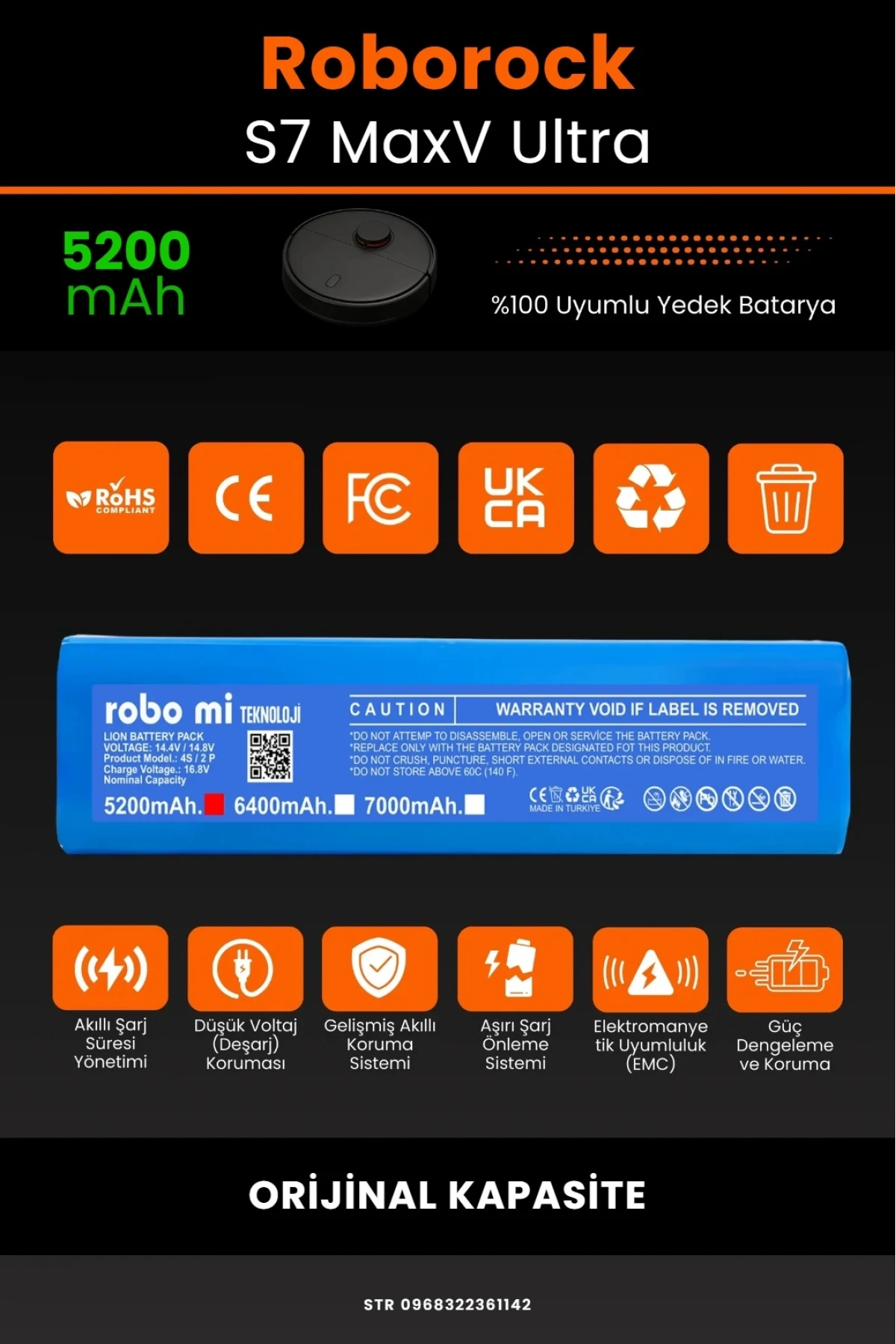 Roborock S7 MaxV Ultra Uyumlu 5200mAh  Robot Süpürge Bataryası - Kutusuz Model - Orijinal Kapasite