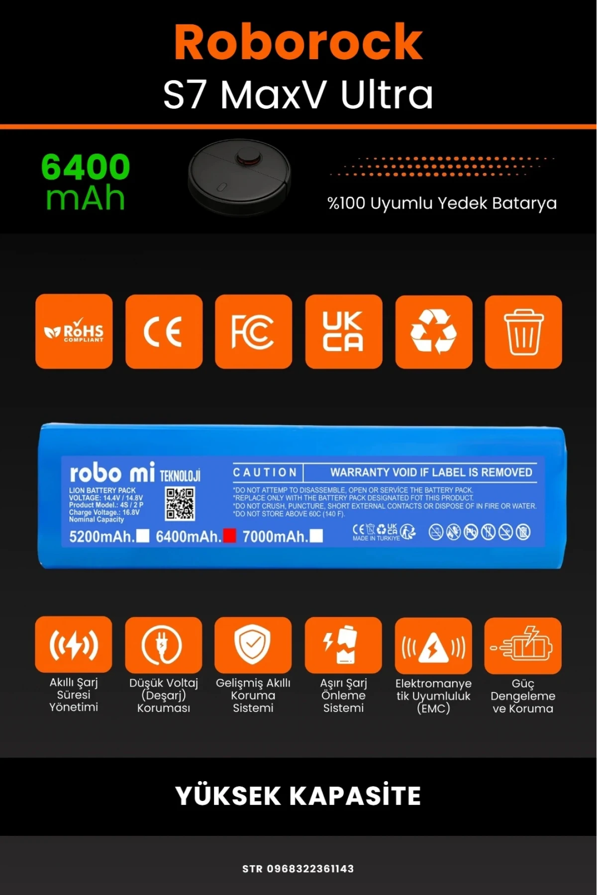 Roborock S7 MaxV Ultra Uyumlu 6400mAh  Robot Süpürge Bataryası - Kutusuz Model - Yüksek Kapasite