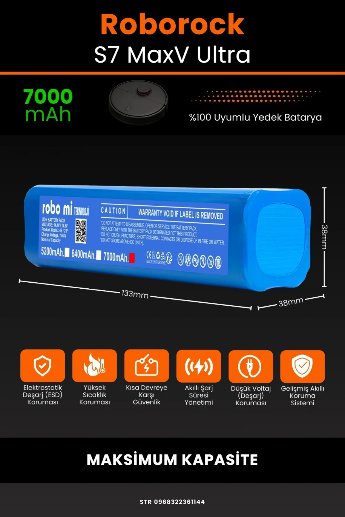 Roborock S7 MaxV Ultra Uyumlu 7000mAh  Robot Süpürge Bataryası - Kutusuz Model - Maksimum Kapasite