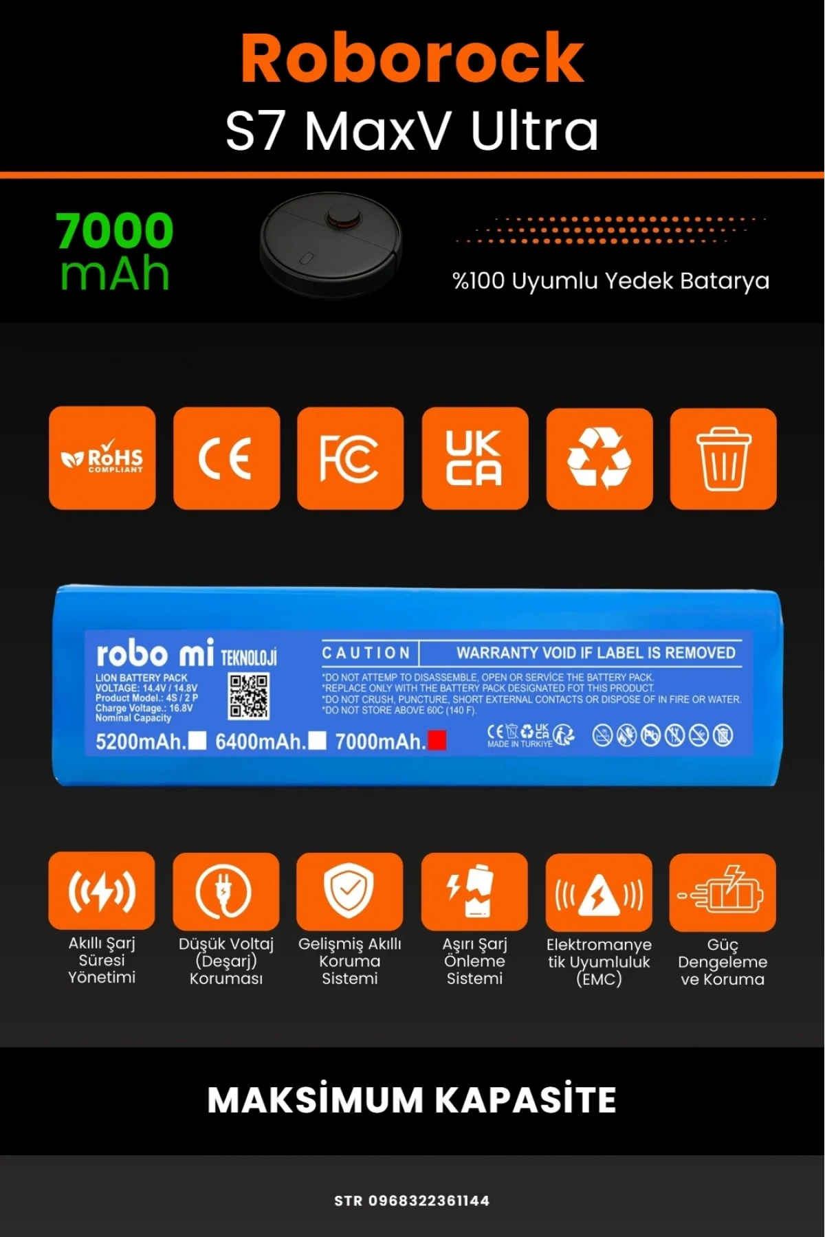 Roborock S7 MaxV Ultra Uyumlu 7000mAh  Robot Süpürge Bataryası - Kutusuz Model - Maksimum Kapasite