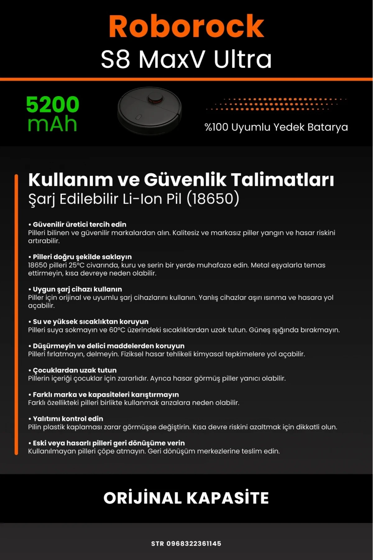 Roborock S8 Maxv Ultra Uyumlu 5200mAh Robot Süpürge Bataryası - Box- Orijinal Kapasite