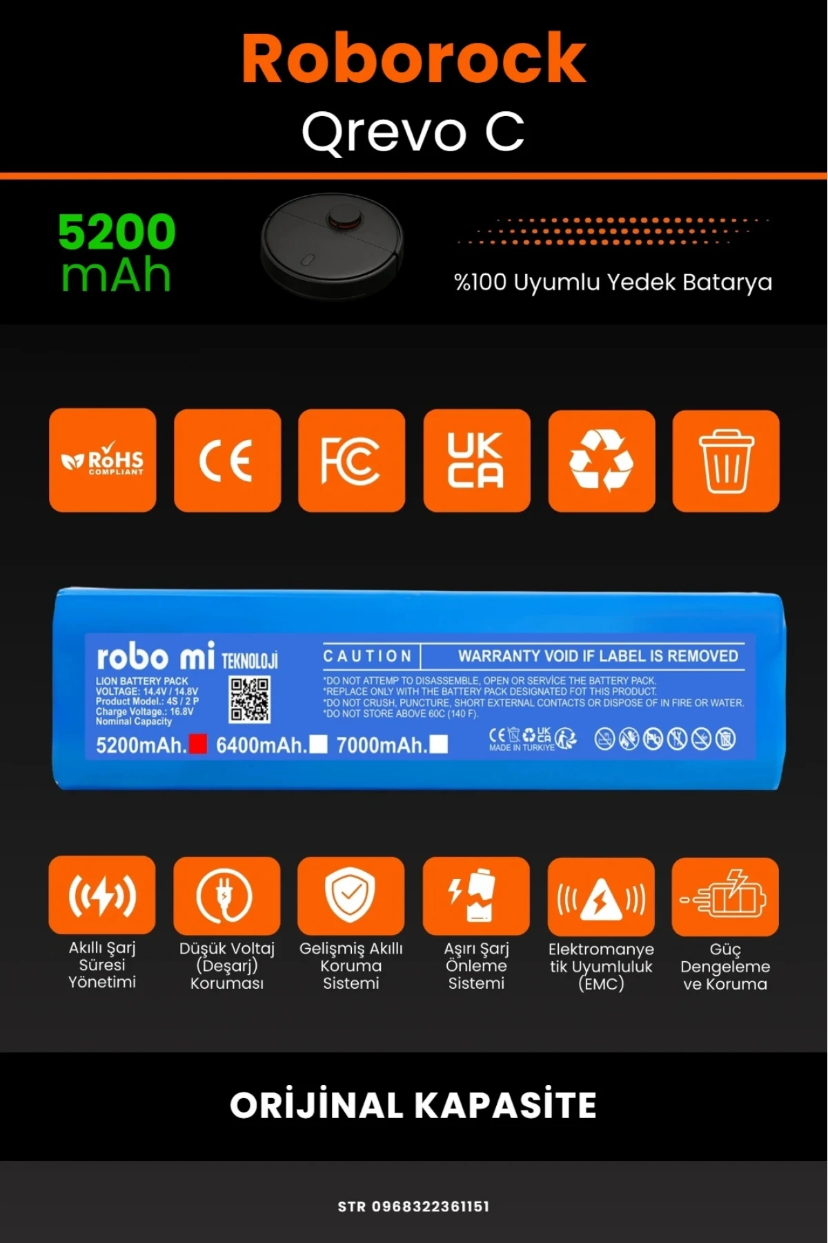 Roborock Qrevo C Uyumlu 5200mAh  Robot Süpürge Bataryası - Kutusuz Model - Orijinal Kapasite