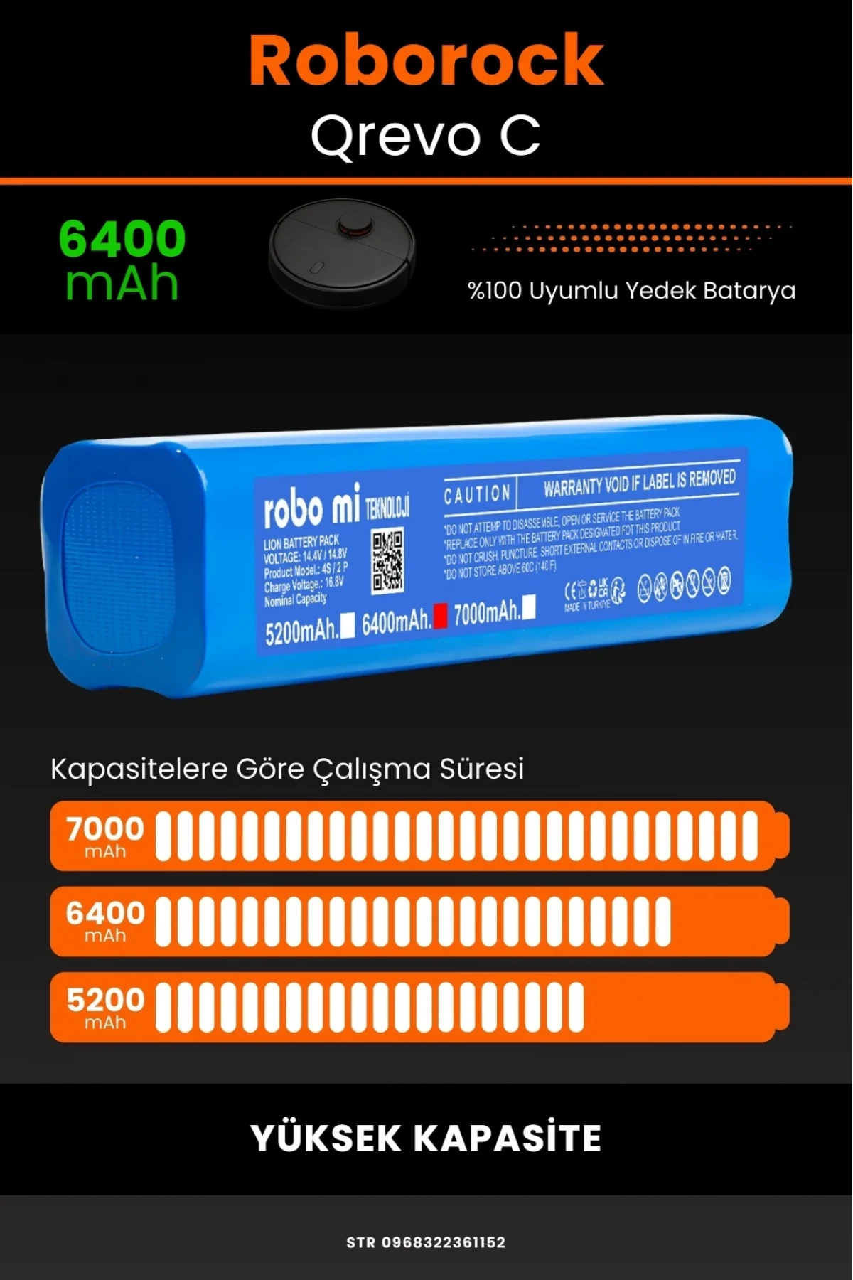 Roborock Qrevo C Uyumlu 6400mAh  Robot Süpürge Bataryası - Kutusuz Model - Yüksek Kapasite