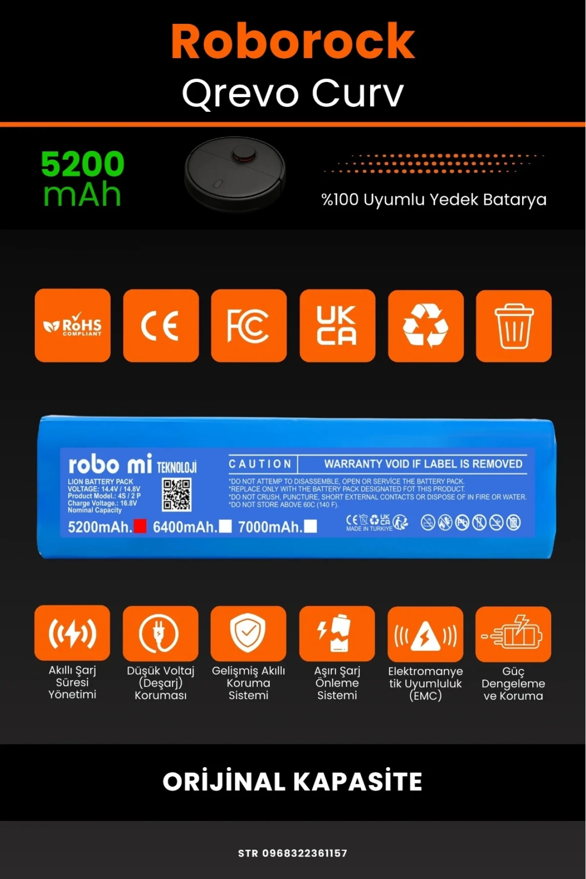 Roborock Qrevo Curv Uyumlu 5200mAh  Robot Süpürge Bataryası - Kutusuz Model - Orijinal Kapasite