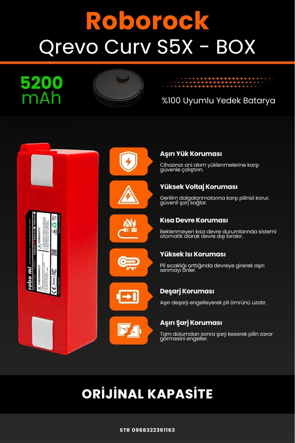 Roborock Qrevo Curv S5X Uyumlu 5200mAh Robot Süpürge Bataryası - Box - Orijinal Kapasite