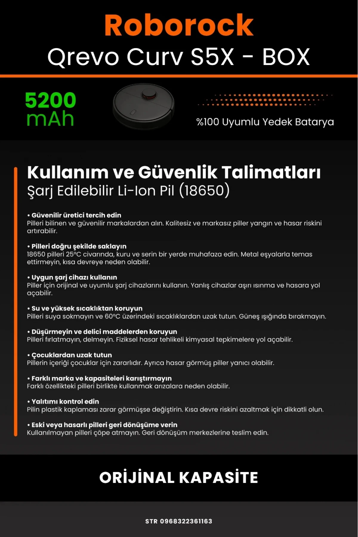 Roborock Qrevo Curv S5X Uyumlu 5200mAh Robot Süpürge Bataryası - Box - Orijinal Kapasite