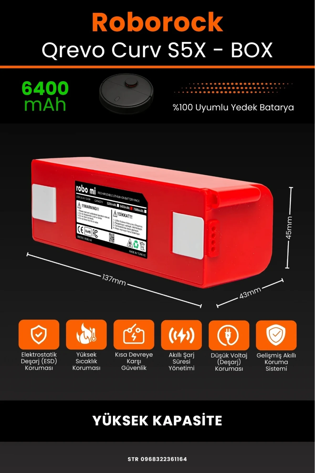 Roborock Qrevo Curv S5X Uyumlu 6400mAh Robot Süpürge Bataryası - Box - Yüksek Kapasite