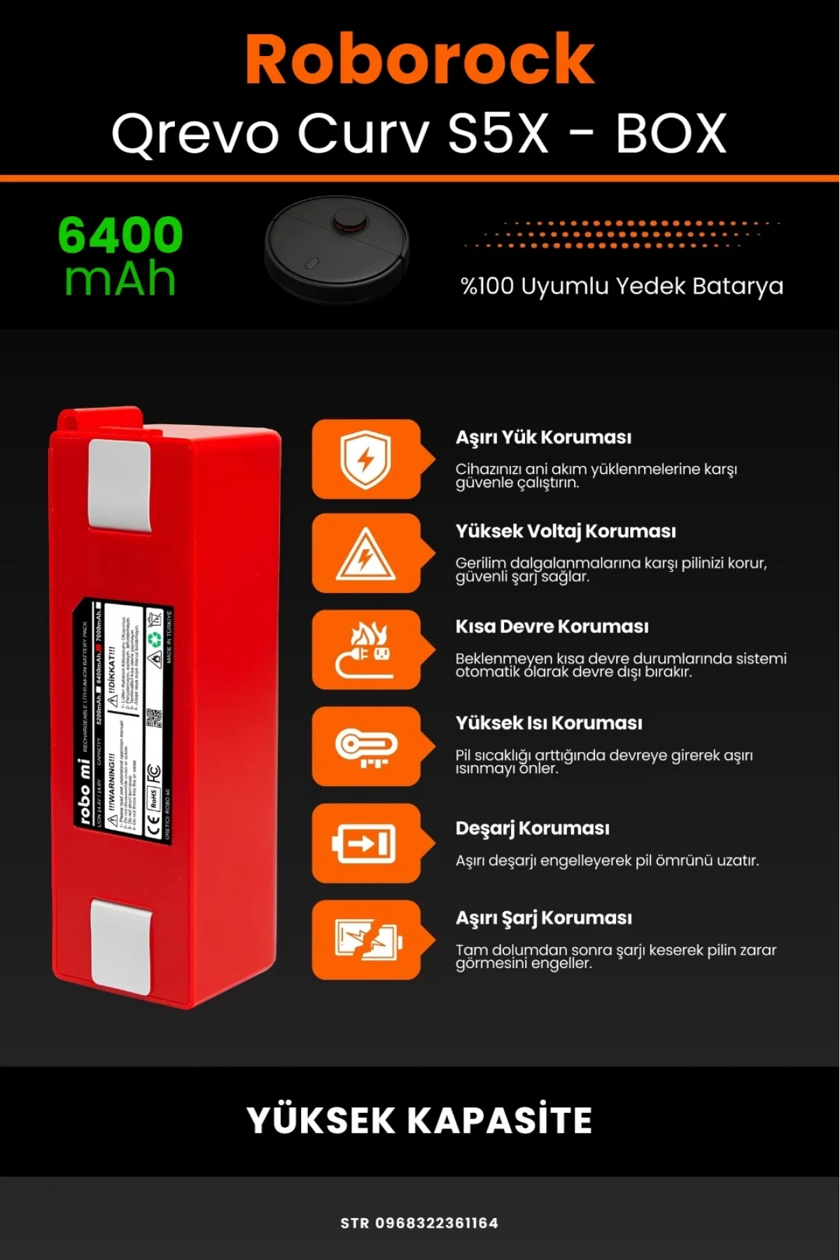 Roborock Qrevo Curv S5X Uyumlu 6400mAh Robot Süpürge Bataryası - Box - Yüksek Kapasite