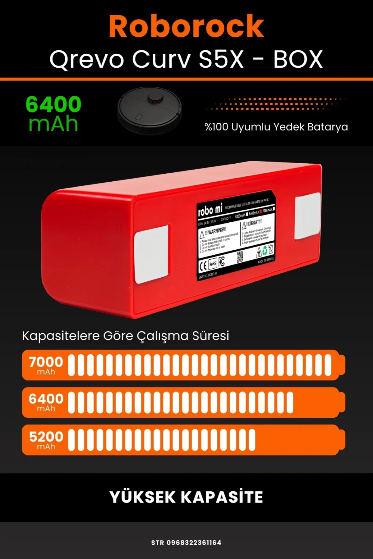 Roborock Qrevo Curv S5X Uyumlu 6400mAh Robot Süpürge Bataryası - Box - Yüksek Kapasite
