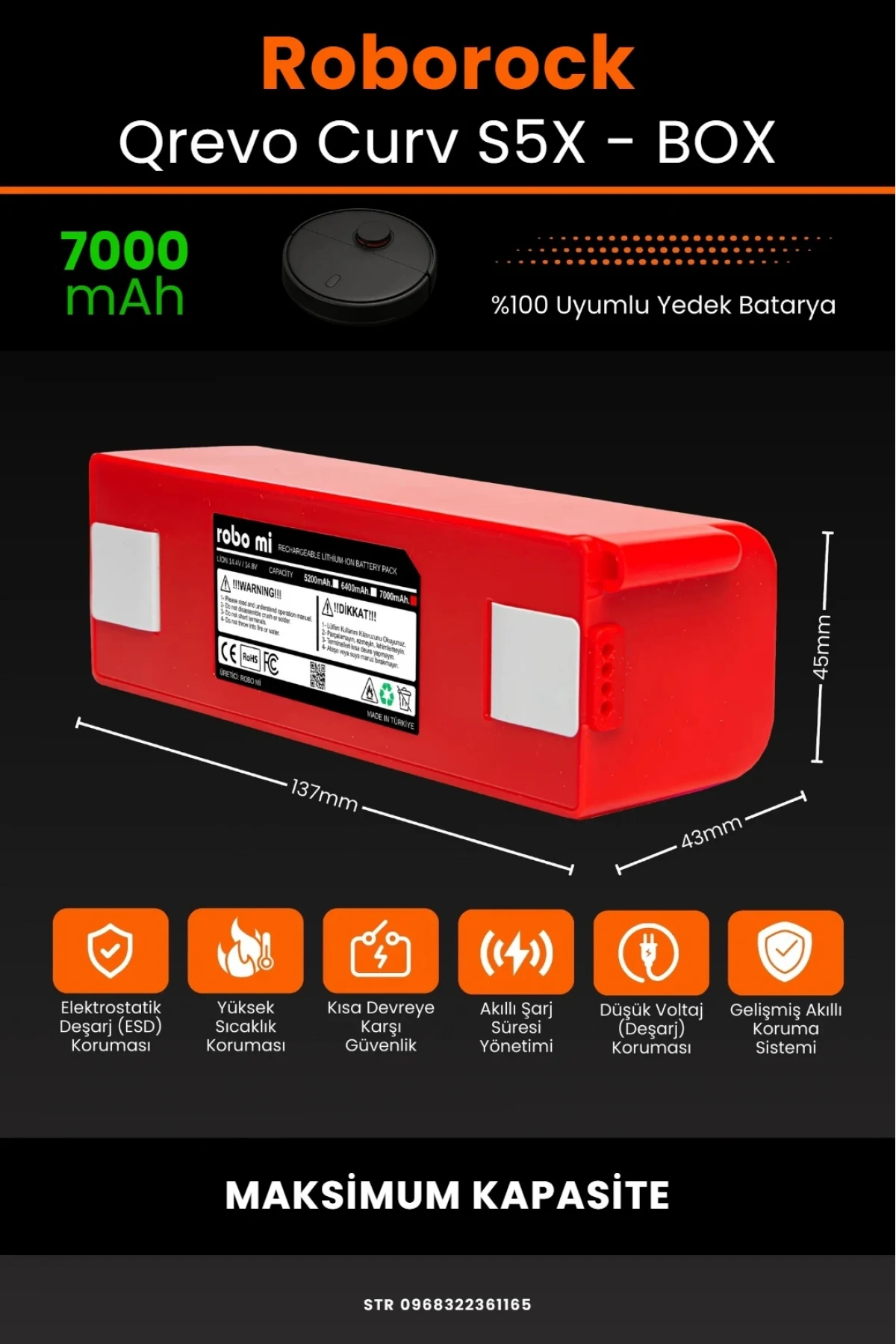 Roborock Qrevo Curv S5X Uyumlu 7000mAh Robot Süpürge Bataryası - Box - Maksimum Kapasite