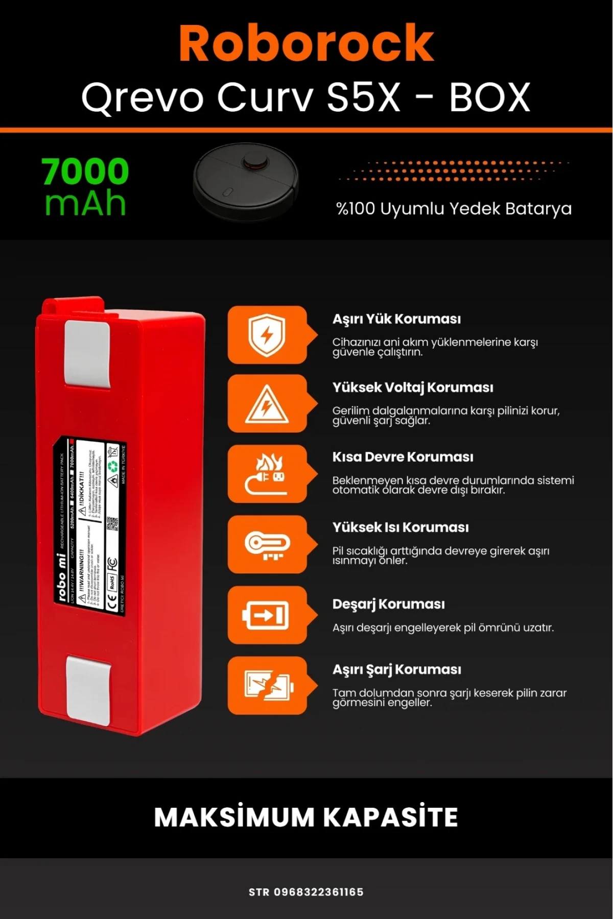 Roborock Qrevo Curv S5X Uyumlu 7000mAh Robot Süpürge Bataryası - Box - Maksimum Kapasite