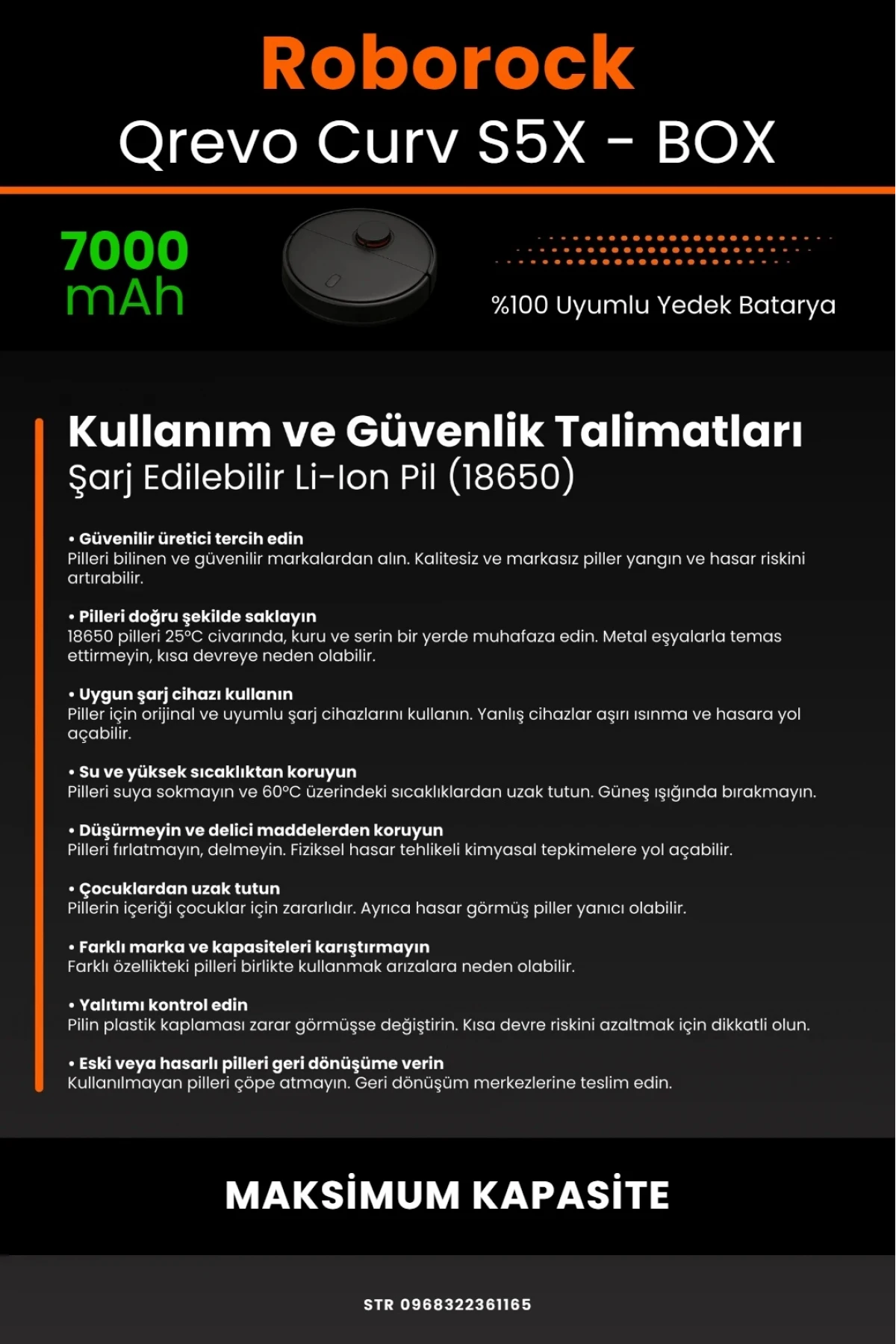 Roborock Qrevo Curv S5X Uyumlu 7000mAh Robot Süpürge Bataryası - Box - Maksimum Kapasite