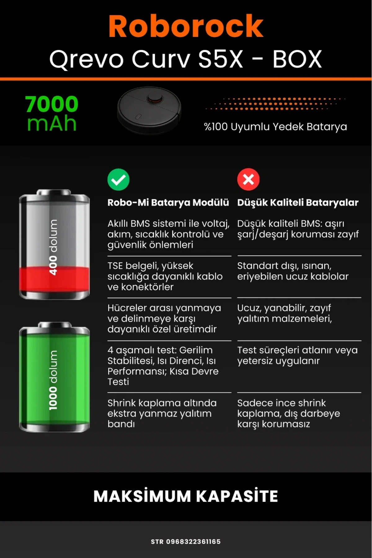 Roborock Qrevo Curv S5X Uyumlu 7000mAh Robot Süpürge Bataryası - Box - Maksimum Kapasite