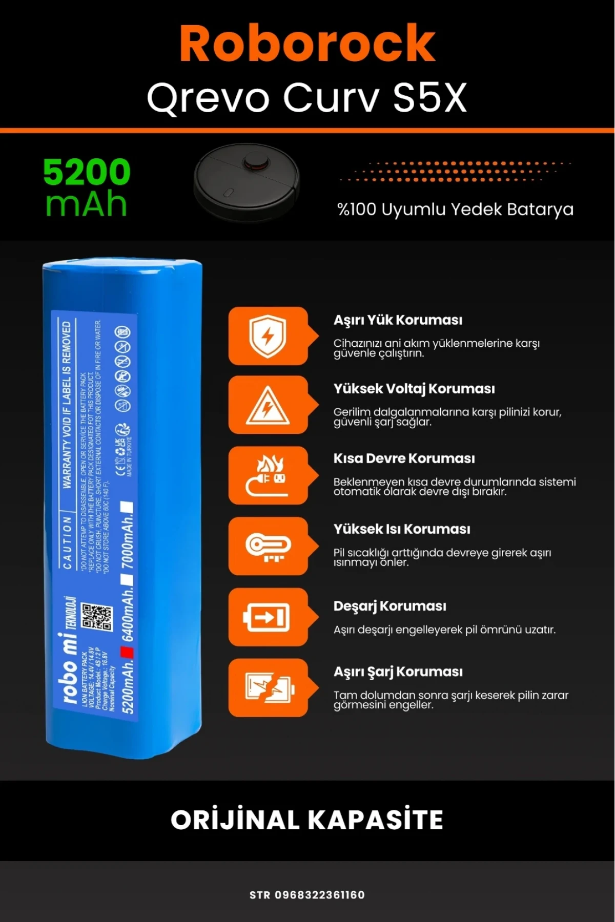 Roborock Qrevo Curv S5X Uyumlu 5200mAh Robot Süpürge Bataryası - Kutusuz Model - Orijinal Kapasite