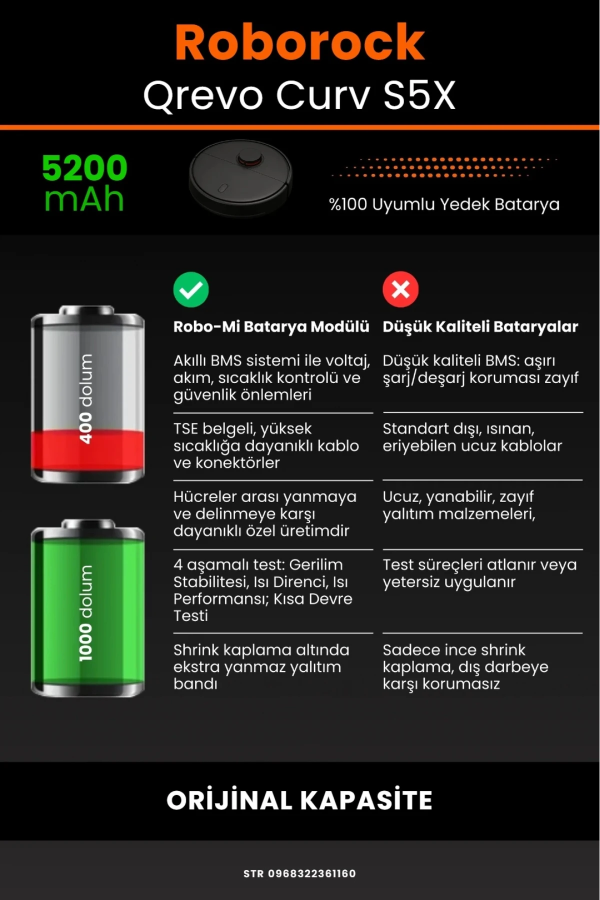 Roborock Qrevo Curv S5X Uyumlu 5200mAh Robot Süpürge Bataryası - Kutusuz Model - Orijinal Kapasite